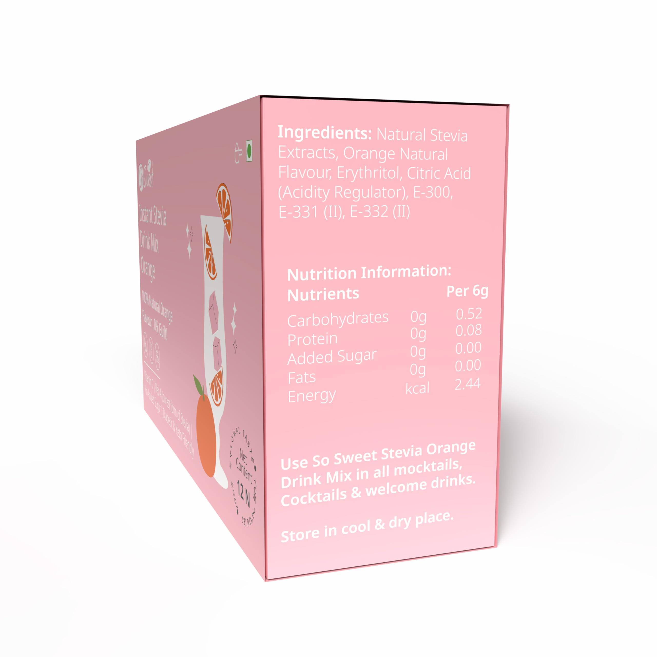 So sweet So Sweet Stevia Orange Instant Drink Mix Sugar Free | Zero Calories| Enrich with Vitamin C | 12 Sachets -Pack of 5