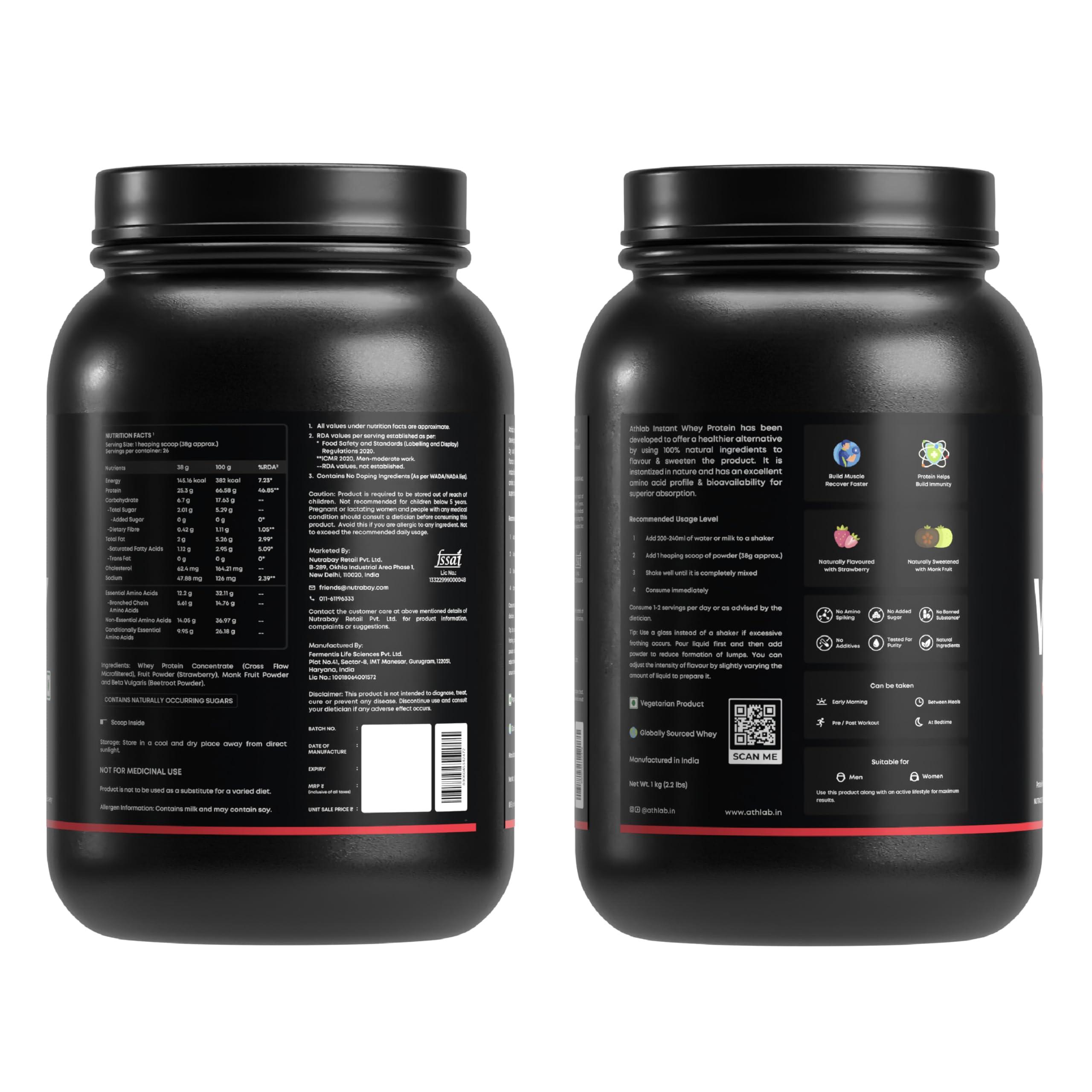 Athlab Athlab (by Nutrabay) Instant Whey Protein Concentrate Powder - 1kg, Strawberry | 25g Protein, 5.6g BCAA | Easy to Digest | Lab Tested | Naturally Flavored & Sweetened with Monkfruit | For Men & Women