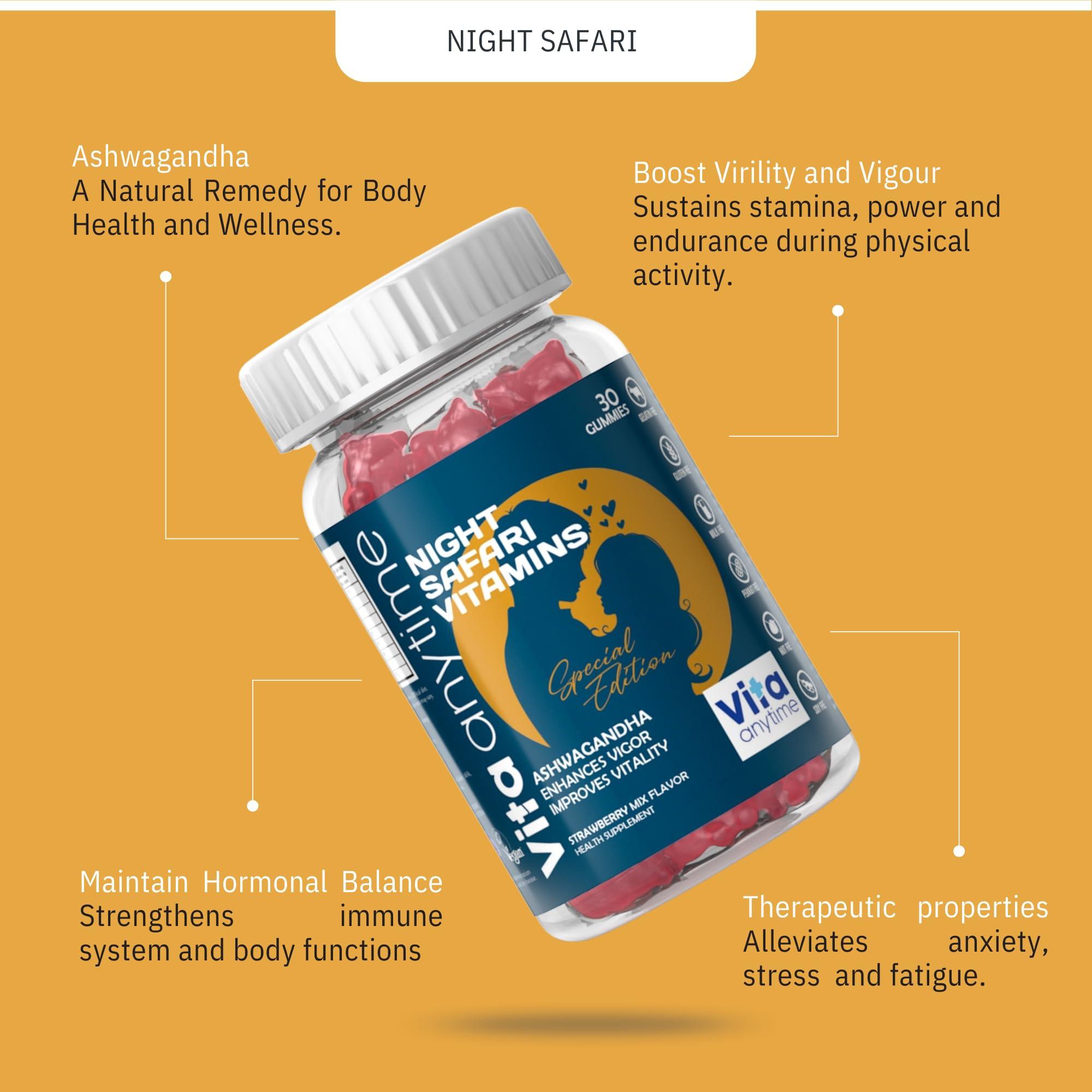 VITA ANYTIME Vita Anytime Ashwagandha Gummies For Men & Women | Relieves Stress & Anxiety | Promotes Mind & Body Relaxation| Strawberry Flavoured | 30 Gummies