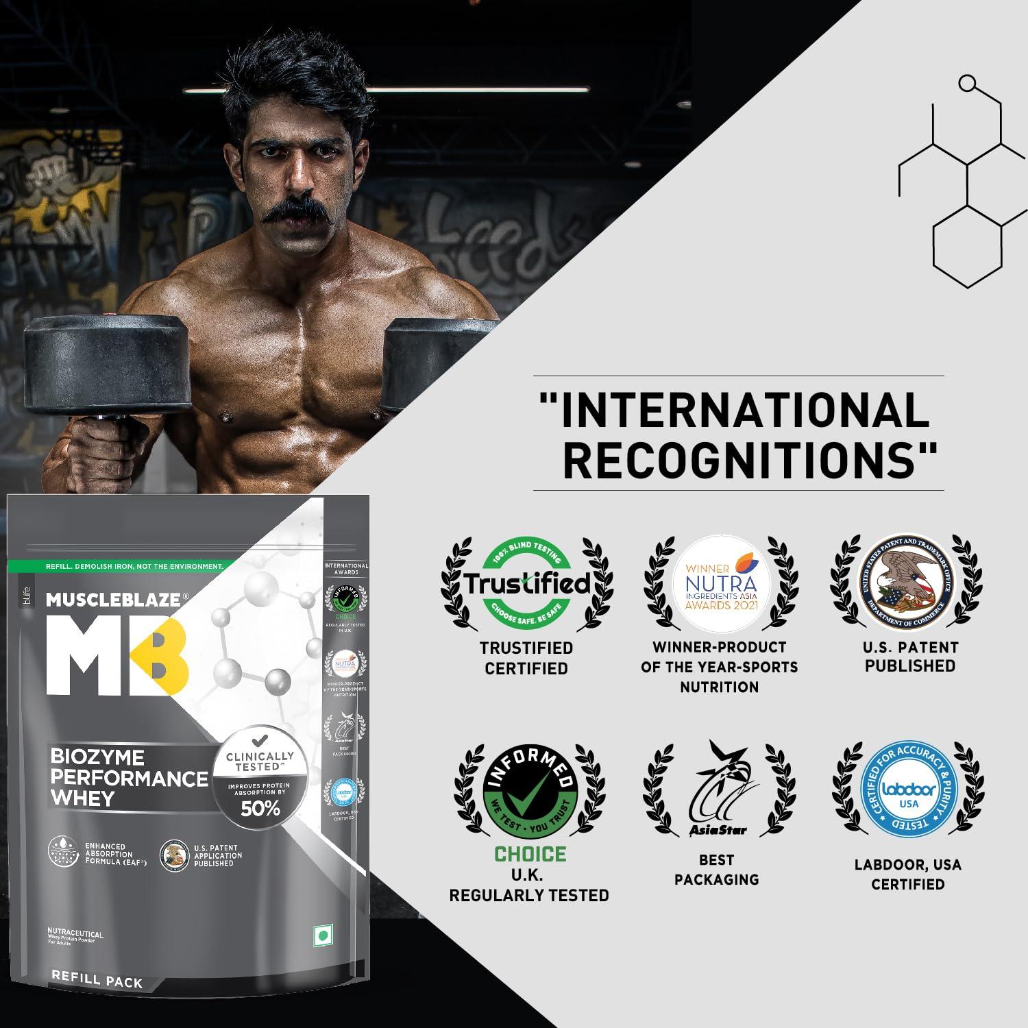 MuscleBlaze MuscleBlaze Biozyme Performance Whey Protein | Clinically Tested 50% Higher Protein Absorption | Informed Choice UK, Labdoor USA Certified & US Patent Filed EAF (Rich Chocolate, 1 kg Refill Pack)