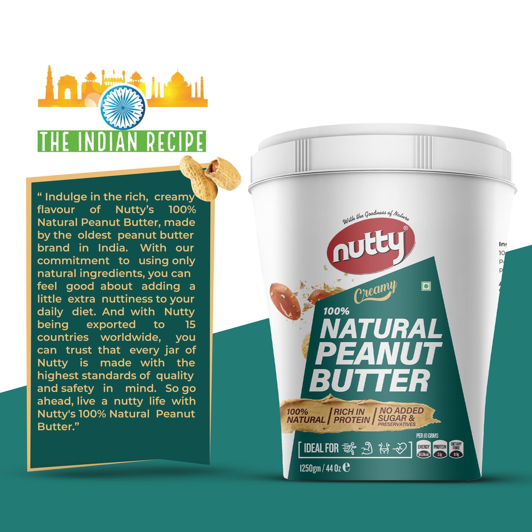 NUTTY NUTTY Natural Peanut Butter Creamy | Made with 100% Roasted Peanuts - 31g Protein, No Added Sugar & Salt, non-GMO, Gluten Free, Vegan Plant Based, Unsweetened Peanut Butter Creamy 1250 g