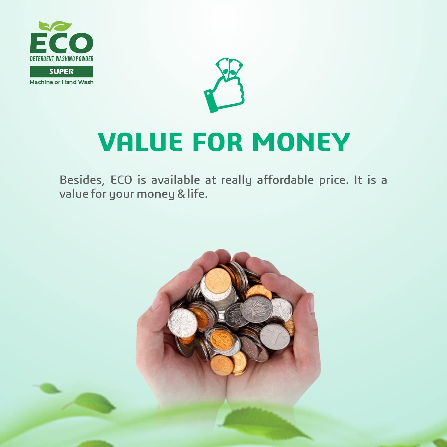 ECO ECO Detergent Washing Powder No Harmful Ingredients | made with Natural ingredients, Phosphate free No Sulphates, No Caustics | Laundry Detergent Powder for Front & Top Load (1 Kg, Super)