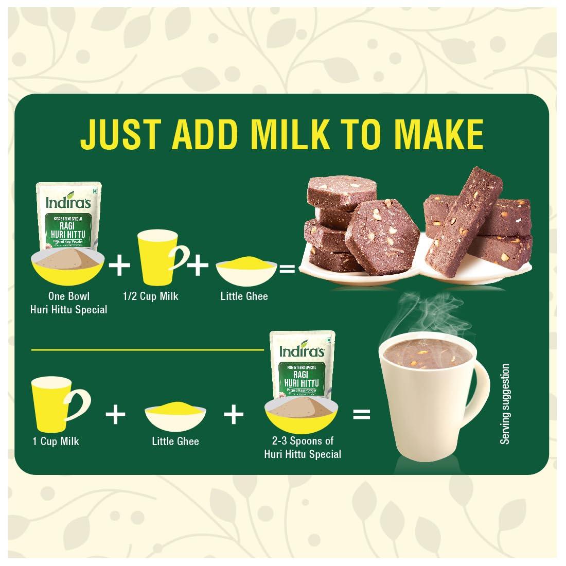 INDIRA Indira’s Ragi Huri Hittu - Teens & Kids Special, Popped Ragi Flour with Cashew Nuts, Malt, Spices (400g, Pack of 4), Ragi Malt Mix, Instant Ragi Porridge Mix, Ragi Laddu Mix