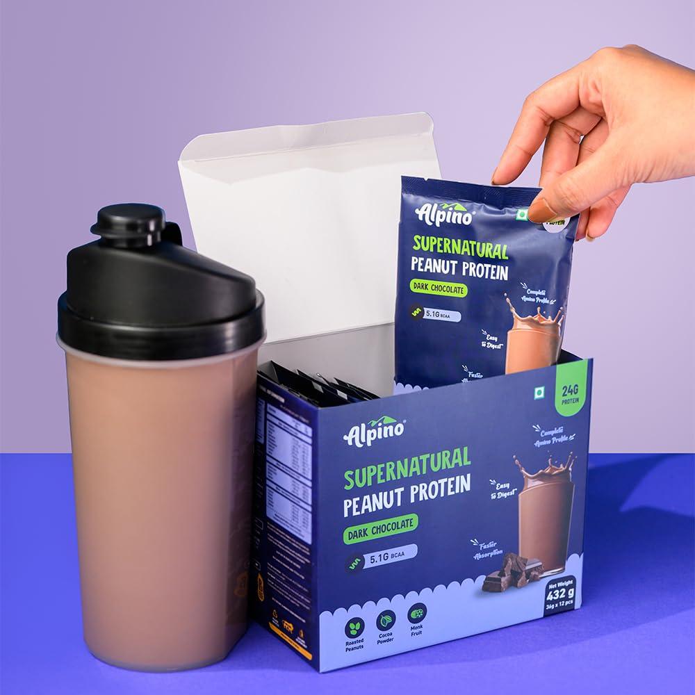 Alpino Alpino Supernatural Peanut Protein Powder Dark Chocolate 432g (12 Day Trial Pack) - 100% Plant-Based, High-Performance Protein - 24g Protein, 5.1g BCAAs, No Added Sugar, Gluten-Free