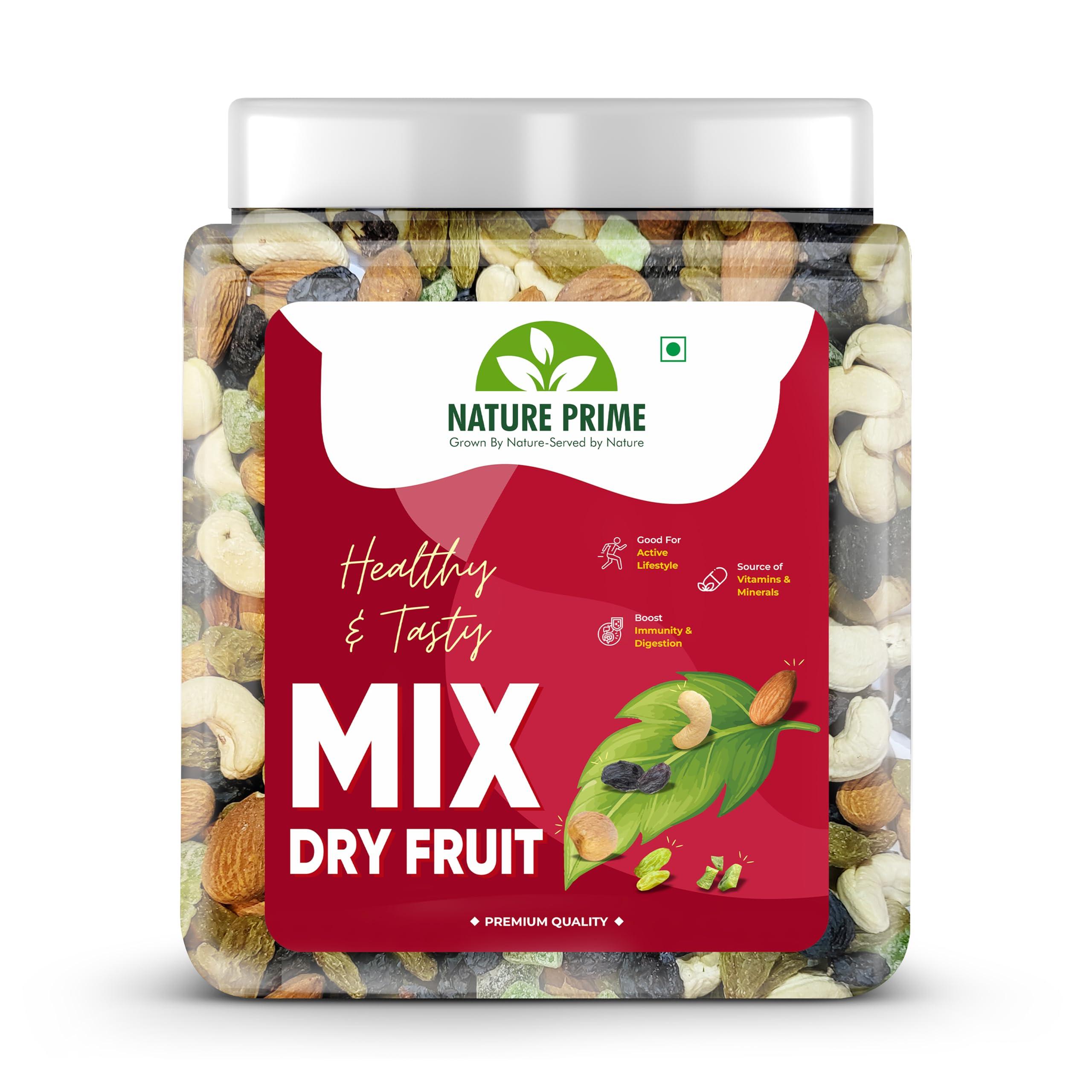 Nature Prime Nature Prime 100% Natural Premium Mix Dry Fruits 1kg with Almonds | Cashew | Kishmish | Apricot | Black Raisins | Dried Kiwi | Nuts and Dry Fruits 1 Kg (Jar pack)