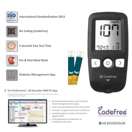 SD Codefree SD Codefree Blood Glucose Meter with 100 test Strips 100 Round Lancet and a Lancing Device - Glucometer (Black)