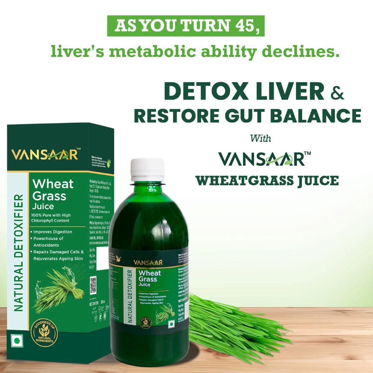 VANSAAR Vansaar Wheatgrass Juice | Natural Liver detox & Gut cleanser Juice | Superfood for Weight & Cholesterol management | 100% Ayurvedic - 500 ml (Pack of 2)