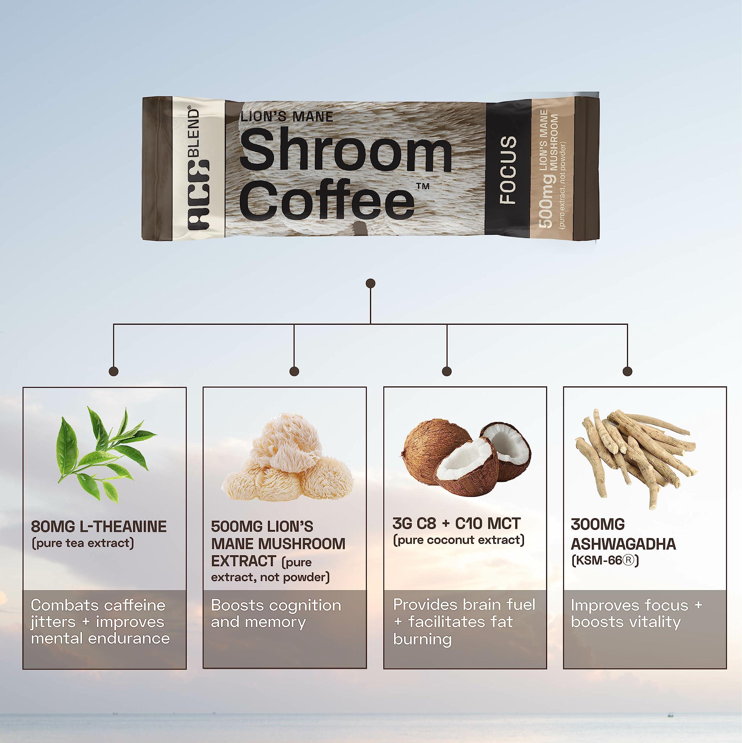 Ace Blend Ace Blend Lions Mane SHROOM COFFEE | 30 serves | Mushroom Coffee | KSM 66 Ashwagandha | L-Theanine | MCT | Focus | Memory | 100% Arabica | Instant Black Coffee | Keto | Cold/Hot Brew