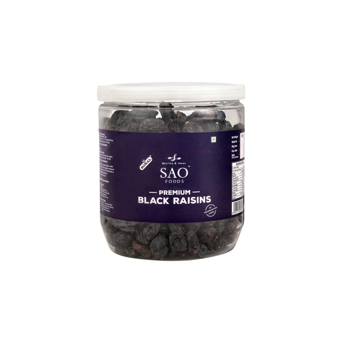 Stories & Ideas SAO Foods Sao Foods Premium Black Raisins 250 gm PET Jar, Naturally Dried, Helps in Digestion, Improves the Immune, High Energy Source, Premium Kishmish, Source of Potassium, Premium Dry Fruits