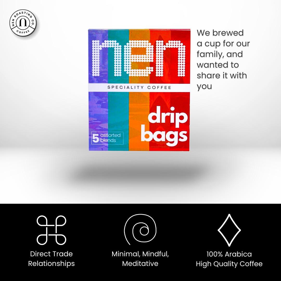 NEN ROASTING CO. Nen Roasting Drip Bags by Nen Coffee - 5 Premium Assorted Blends | Just add Hot Water Pack Of 5 | 100% Coffee