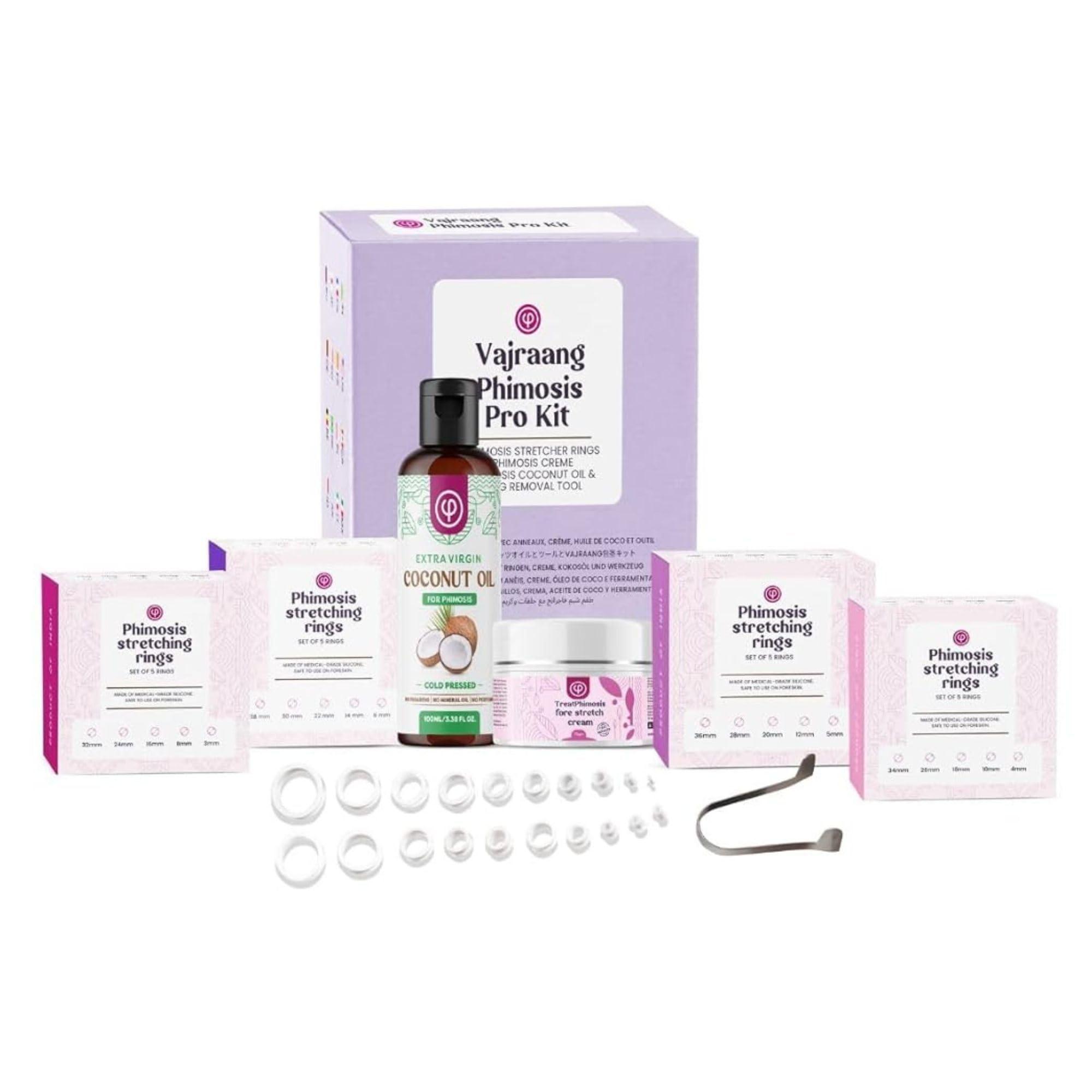 VAJRAANG Vajraang Phimosis Pro Kit with 20 x Phimosis Rings, 1 x Phimosis Cream, 1 x Phimosis oil, 1 x Track Sheet, 1 x \'How to use\' booklet | Phimosis home kit | Proven results | Medical grade silicone