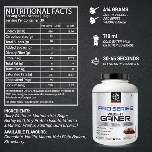 MUSCLETRAIL MuscleTrail Pro Series Weight Gainer Powder | Kaju Pista Badam (3kg) | 15g Protein, 414 Calories, 75g Carbs, High in CaloriesforWeightgain