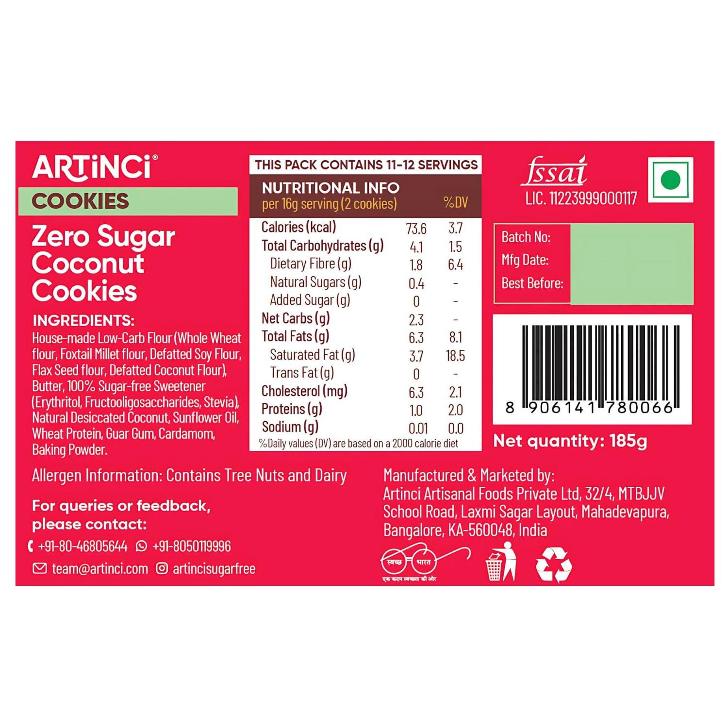 Artinci Artinci Coconut Cookies | As Seen on Shark Tank | Sugar Free Diabetic Friendly with High Protein & Fiber Digestive Biscuits | Low GI & Carbs | (185g x Pack of 1)