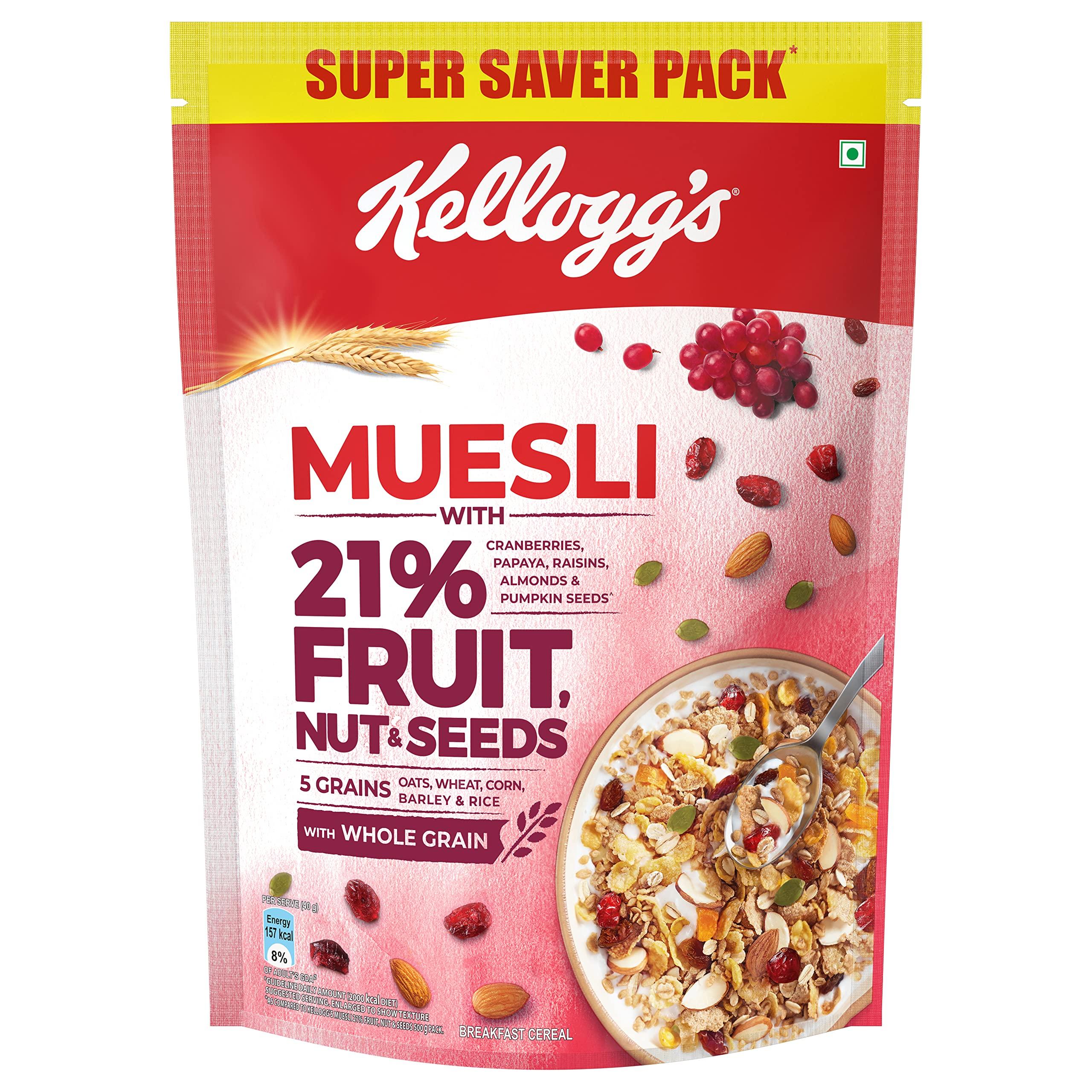 Kellogg's Kellogg's Muesli Crunchy Fruit And Nut, Multi-Grain Cereal, High In Iron, Vitamin B And Source Of Fibre, 500g