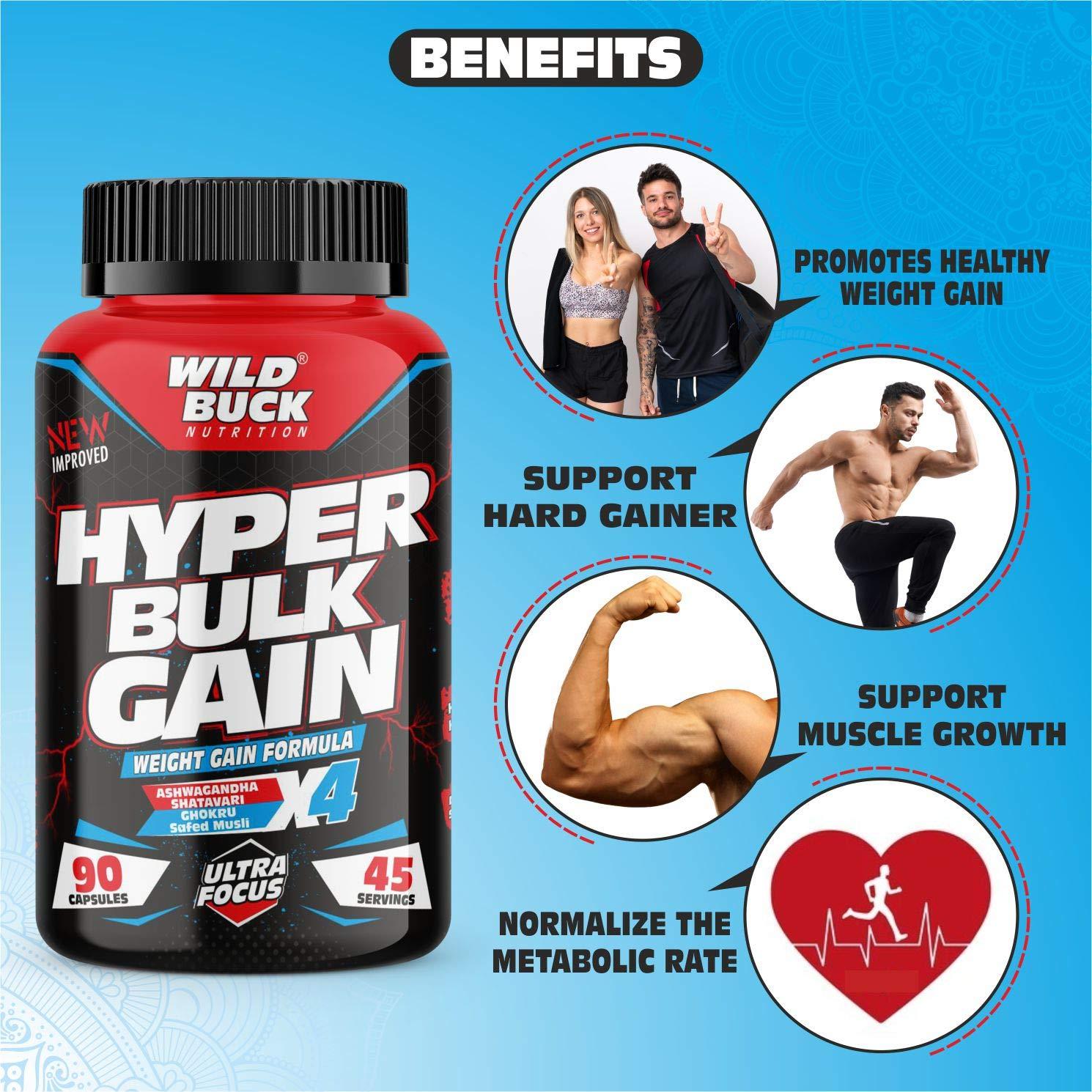 WILD BUCK Wild Buck Hyper Bulk Gain Mass & Weight Gainer Capsule for Fast Weight & Muscle Gain, Daily Muscle Building Weight Lifters Supplement for Muscle Growth, Stamina & Strength, For Men & Women- 90 Cap.