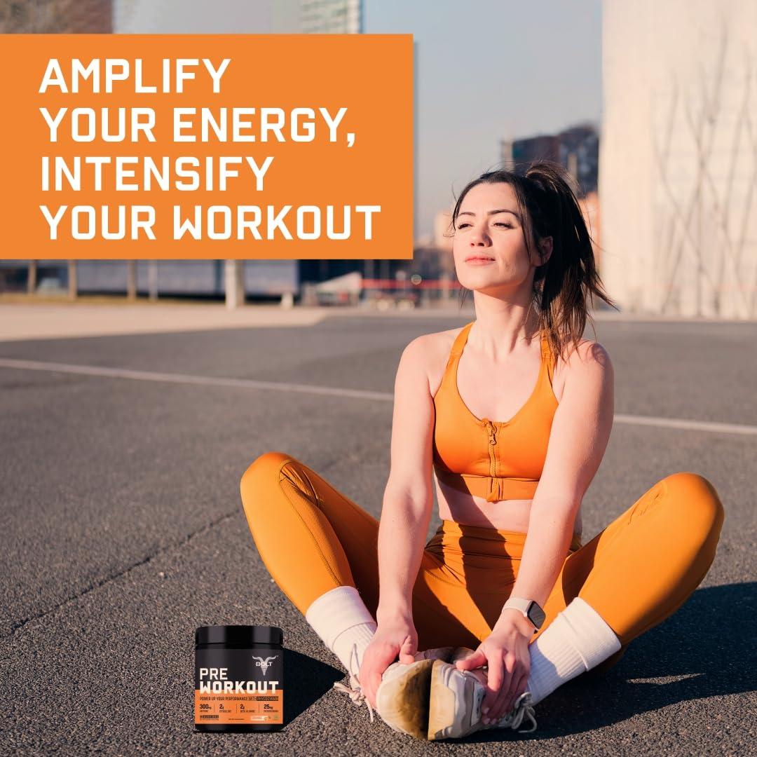 Bolt Bolt Nutrition Pre Workout Supplement With Caffeine Powder, Citrulline Malate, B-Alanine, Taurine For Explosive Energy, Pump & Focus 300G,30 Servings Orange Tangy