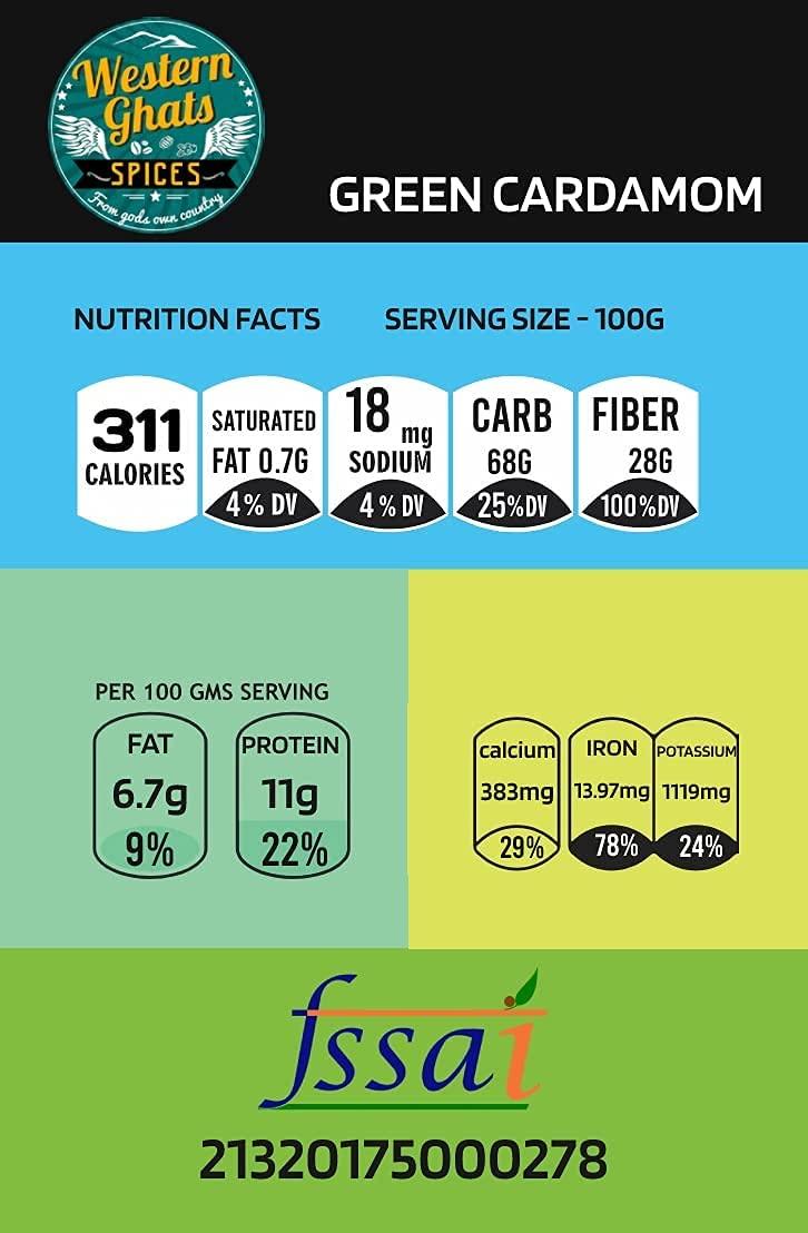 Western Ghats Spices Western Ghats Spices Kerala Premium Whole Green Cardamom, Elaichi 100 Gram (Bold) | Sabut Choti Hari Elaichi | Aroma Lock