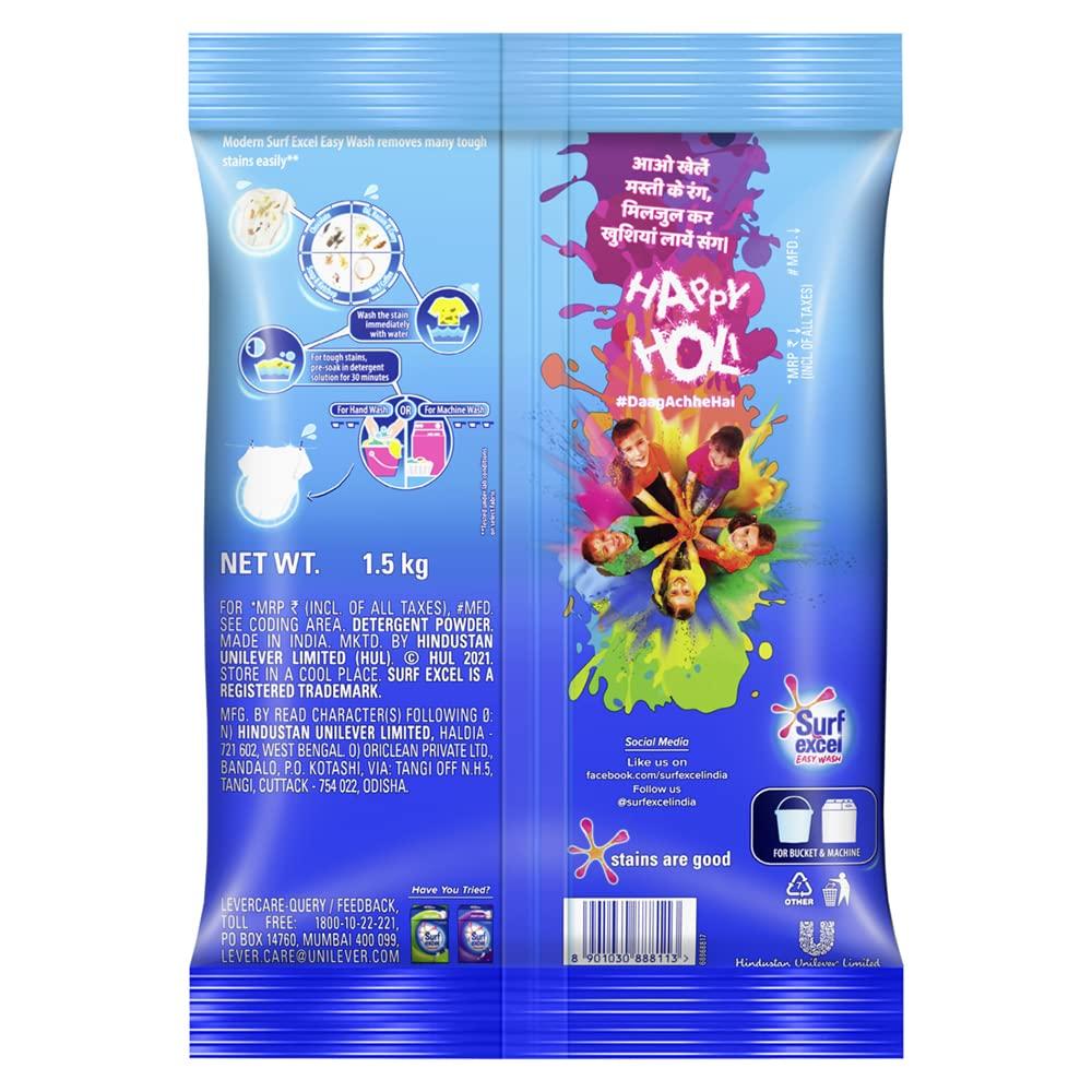 Surf Excel Surf Excel Easy Wash Detergent Powder 1.5 kg, Washing Powder that Dissolves Easily & Removes Tough Stains on Clothes - Bucket & Machine Wash & Surf Excel Detergent Bar, Laundry Detergent Bar, 4x200 g