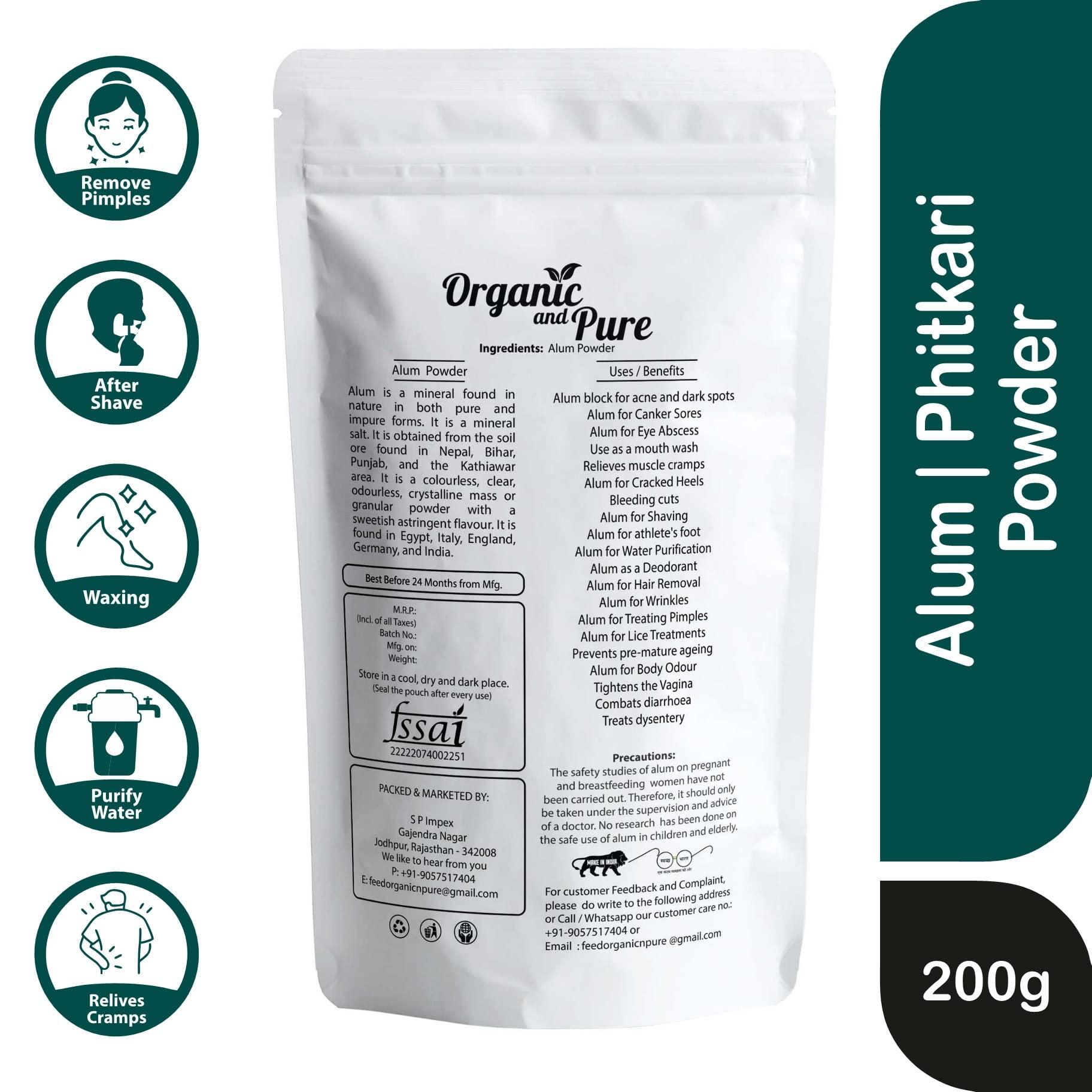 Organic and Pure Organic and Pure Alum Stone Powder | Phitkari Powder | Fitkari Powder for Skin Vastu Face Skin Hair Water Underarms Shave Teeth | Potassium Alum 200g