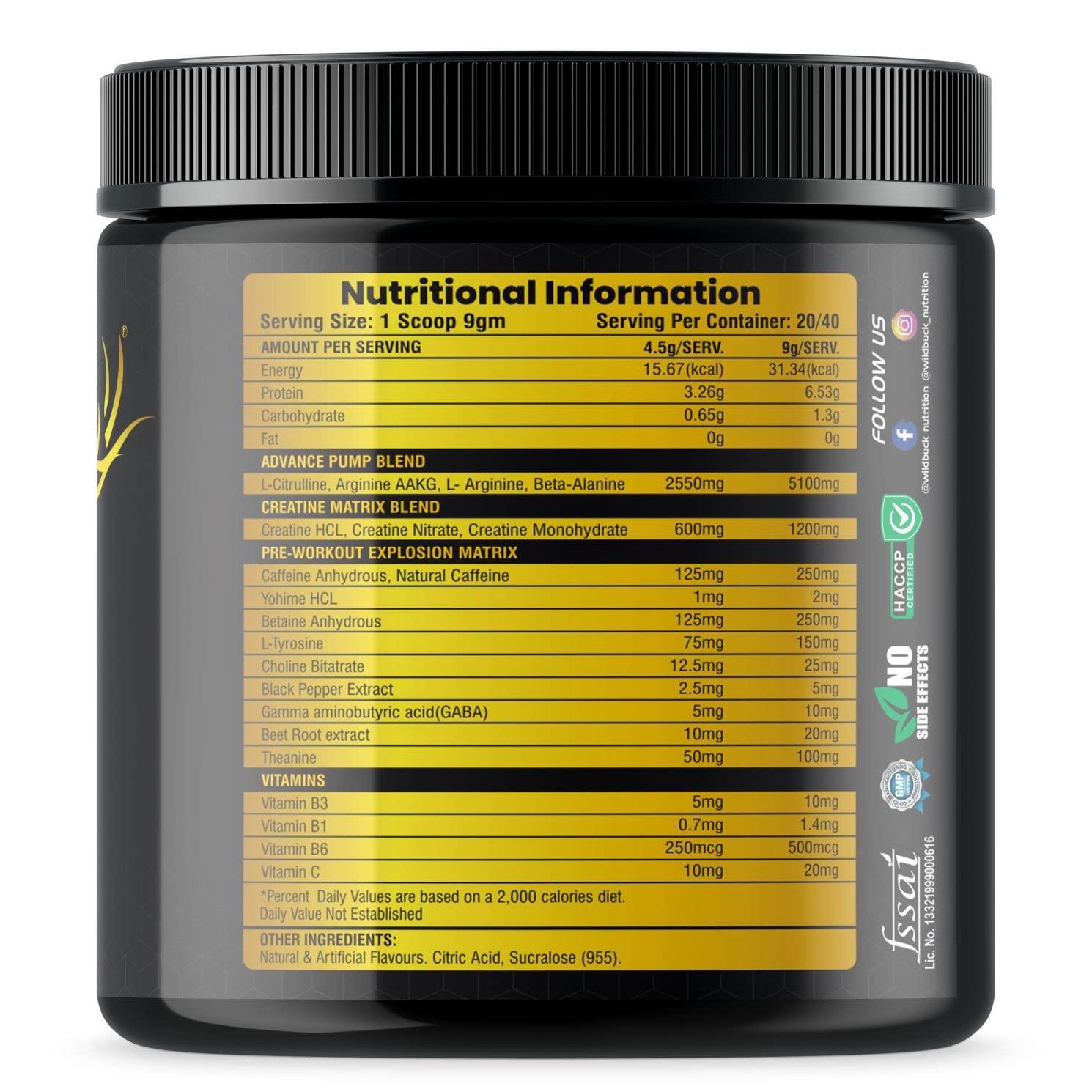 WILD BUCK WILD BUCK Ultra Focus Advanced Pre Workout with L-Arginine, L-Citrulline, Creatine, AAKG, Beta Alanine, Theanine & Natural Caffeine for Explosive Muscle Pump, Lean Muscles Building, Strength, Focus & Energy - For Men & Women [40 Servings, Lychee Deli