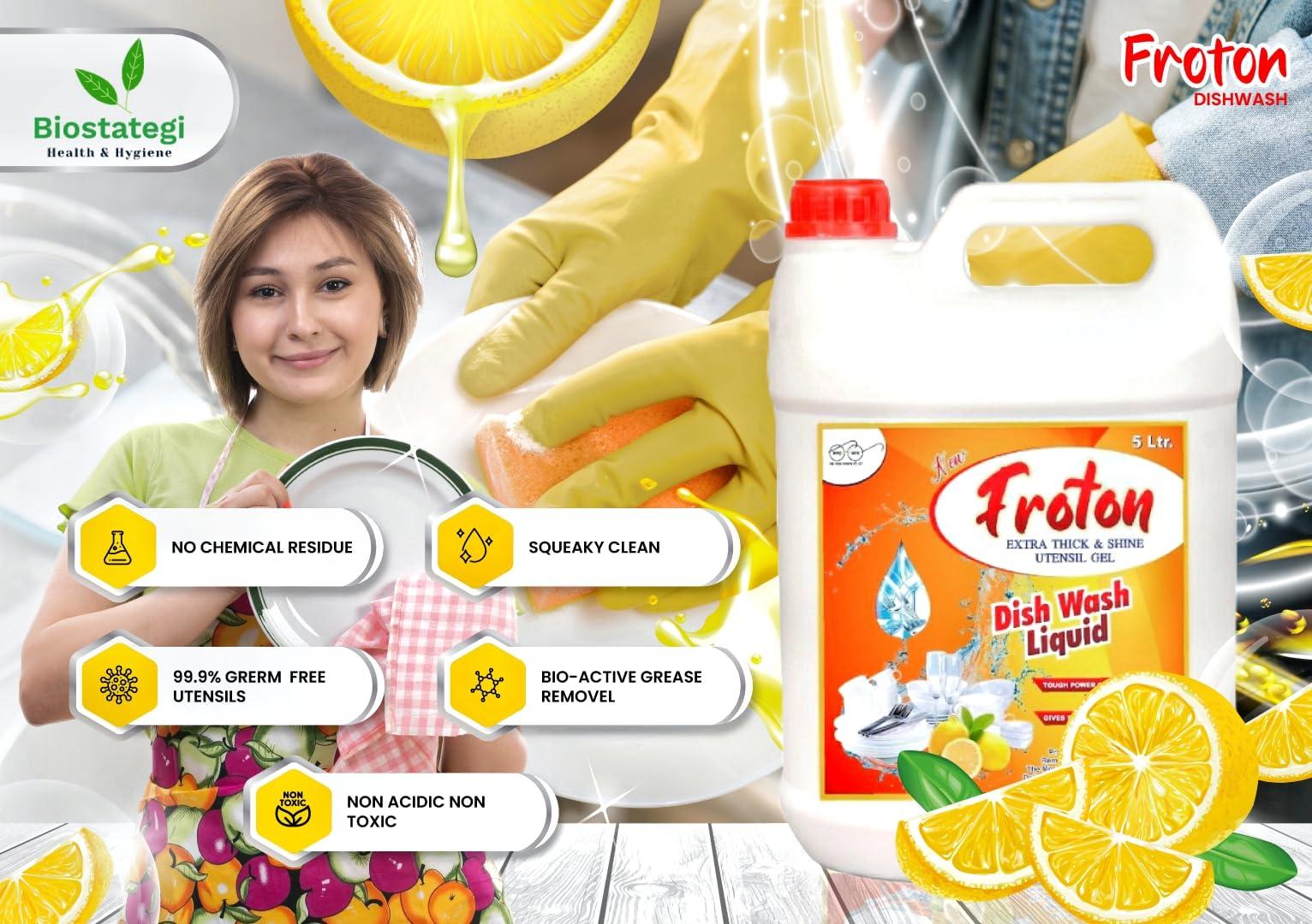 Froton Froton Dishwash Liquid,Pure Lemon Extract Dishwash Liquid,Non Acidic Safe on Hands Pure Extract of Lemon Dishwash Liquid 5 Litre & 250 ml Free pack