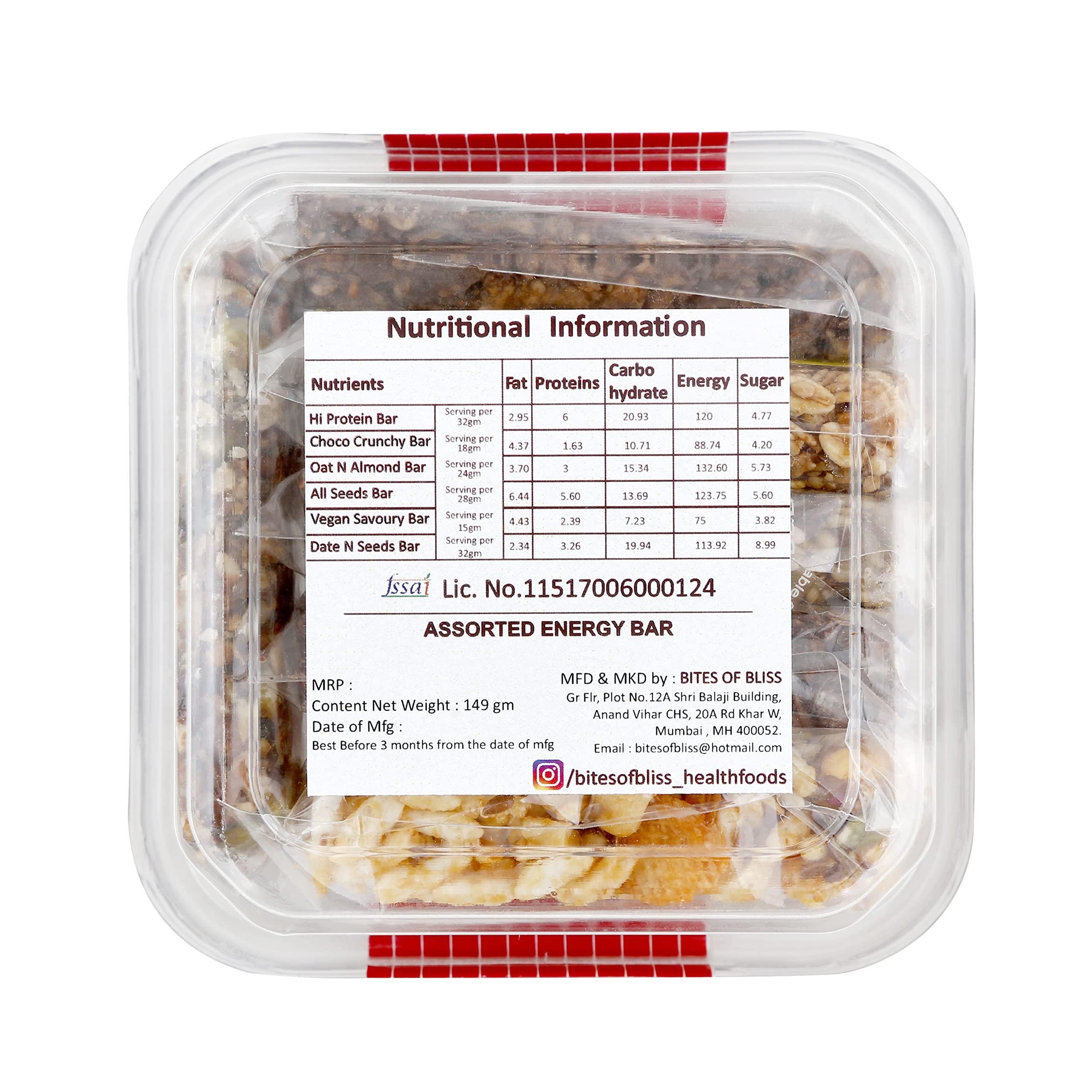 BITES OF BLISS Bites of Bliss Assorted Energy Bars 140g | High Protein | Gluten Free | Vegan | Healthy Protein Snack Bars | All Natural & No Preservatives | Vegan | Pack of 6 x 23g