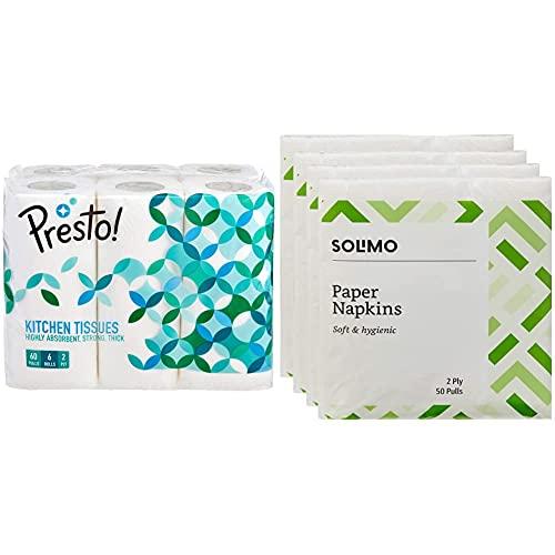 Presto! Amazon Brand - Presto! 2 Ply Kitchen Tissue Paper Roll - 60 Pulls (Pack of 6) & Amazon Brand - Solimo 2 Ply Paper Napkins - 50 Pulls (Pack of 4) Combo