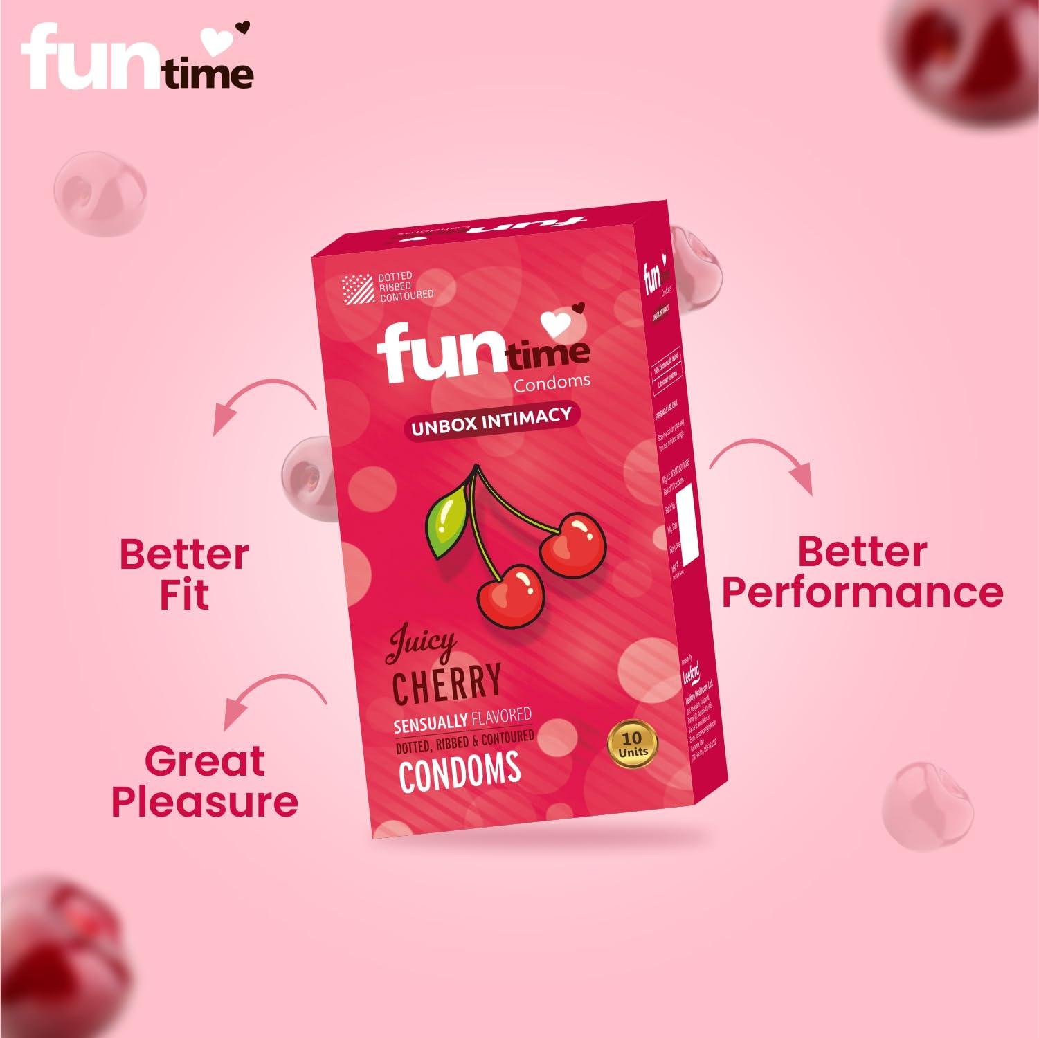 FUNTIME Funtime Dotted Condoms with Juicy Cherry Flavor  Ribbed & Contoured for Extra Pleasure, Finest Natural Latex, Skin-Safe Lubrication, 100% Electronically Tested Count 10 - Pack of 3 (Total 3 Condoms)