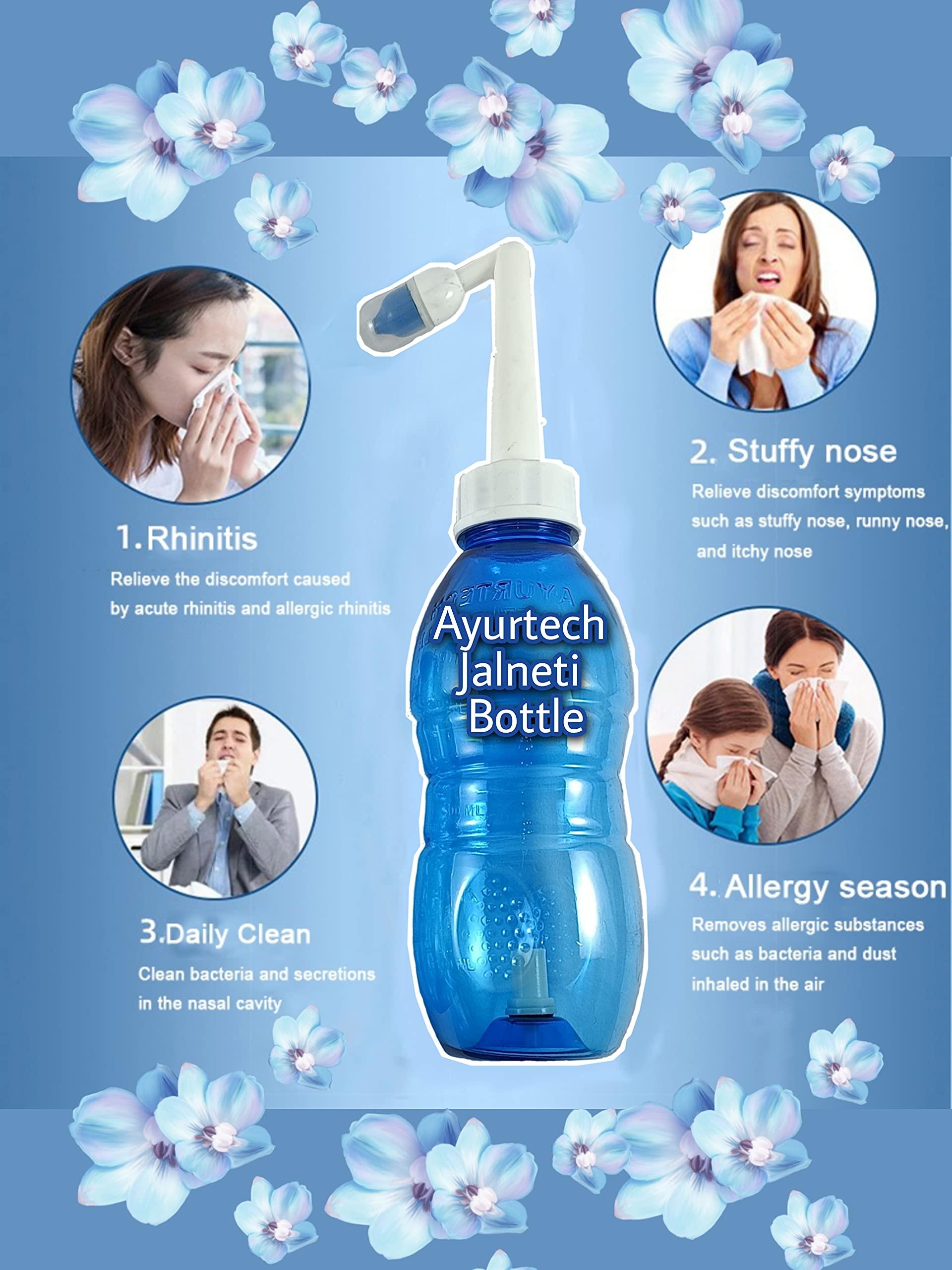 AYURTECH BIOHACKERZ Ayurtech Jal Neti Pot Bottle 300 ML + Nasal Rinse neti Salt with Himalayan Pink Salt and Xylitol FREE 10 satchets ( Worlds Best Jala neti Salt )+ 2 Nozzels with Protecting Cap / Nasal-wash Nose Cleaner Bottle for Adult, Kid , Saline Nasal Spray, Repl