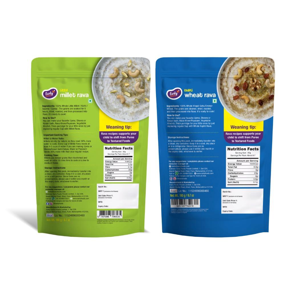 Early Foods Early Foods : Assorted Pack of 2 - Little Millet & Khapli Wheat Rava | Ready-to-Cook Millet Rava | Instant Breakfast Mix | Instant Millet Sooji | Roasted Millet Rava | Millet Idli Rava |