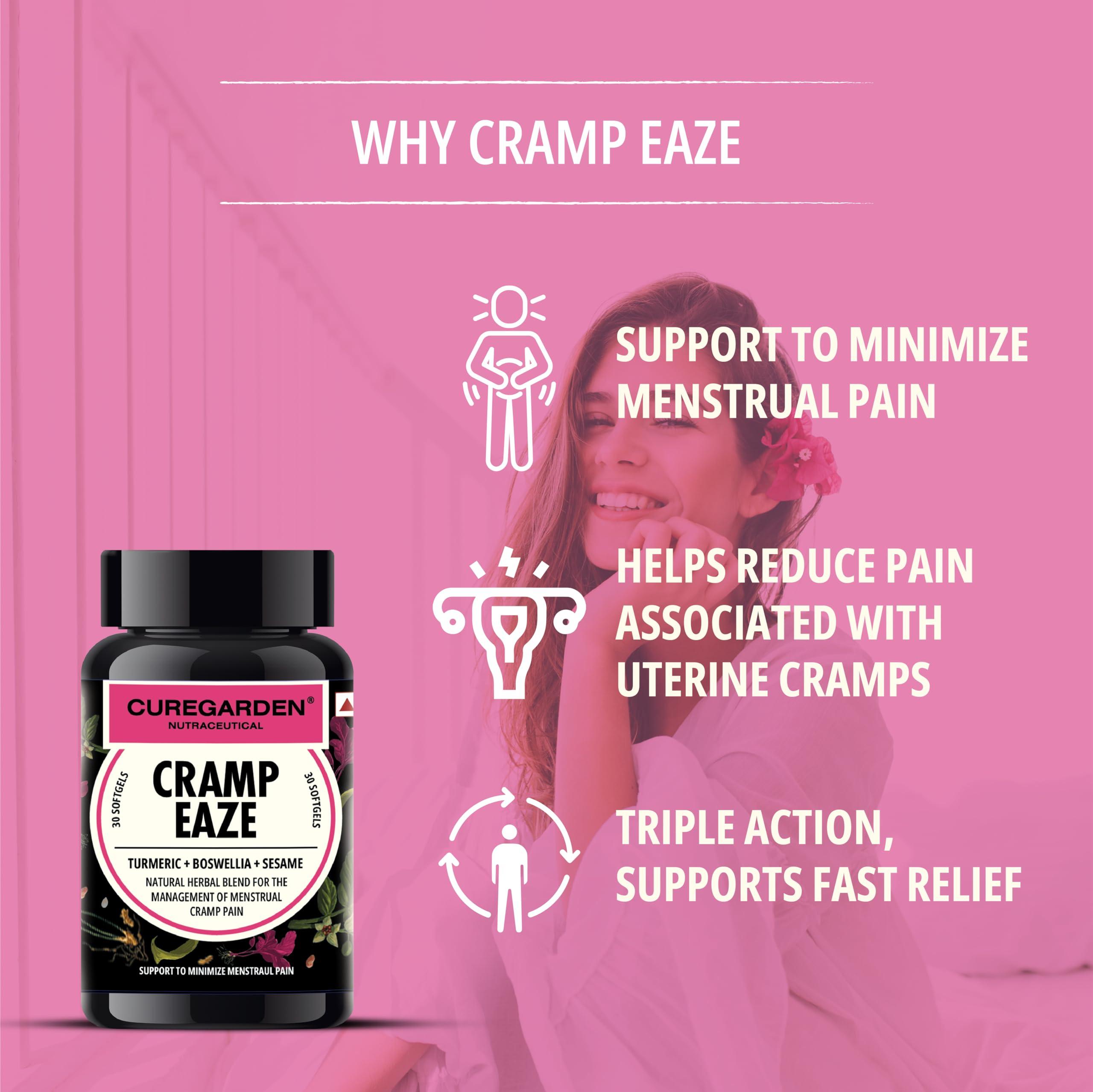 Curegarden Curegarden Cramp Eaze, Menstrual Pain Reliever, Herbal Period Pain Relief Pills, Blend of Curcumin, Boswellia and Sesame, 500 mg, 30 Softgel