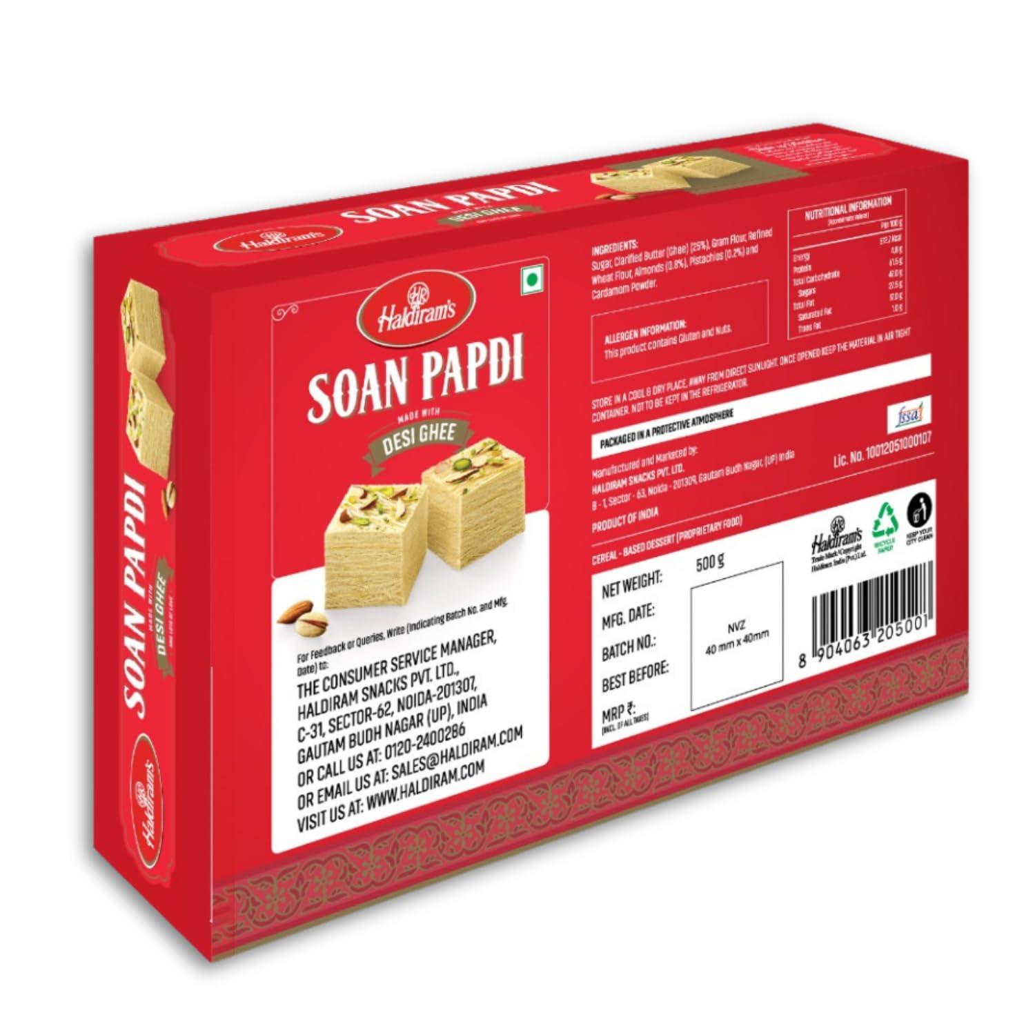 Haldiram\'s Haldiram\'s Soan Papdi Desi Ghee Combo Pack (500g x 2) | Traditional Indian Sweet | Finest Ingredients | Crunchy Almonds & Pistachios | Indian Mithai | Festive Delight | Great Gift Pack for Festival | Mithai for Raksha Bandhan