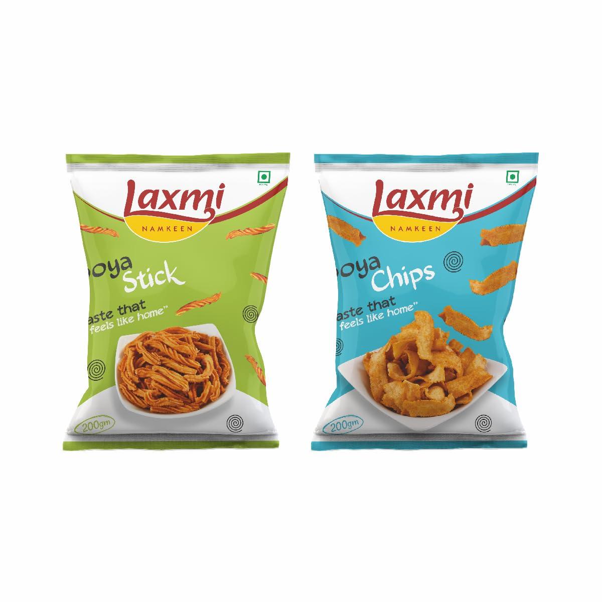 Laxmi NAMKEEN Laxmi Namkeen Combo of SOYA CHIPS & SOYA STICKS | Crispy, Crunchy & Spicy Soya Snack | Ready to Eat Delicious|Healthy and Tasty snacks |Pack of 2 (200 GMS EACH)