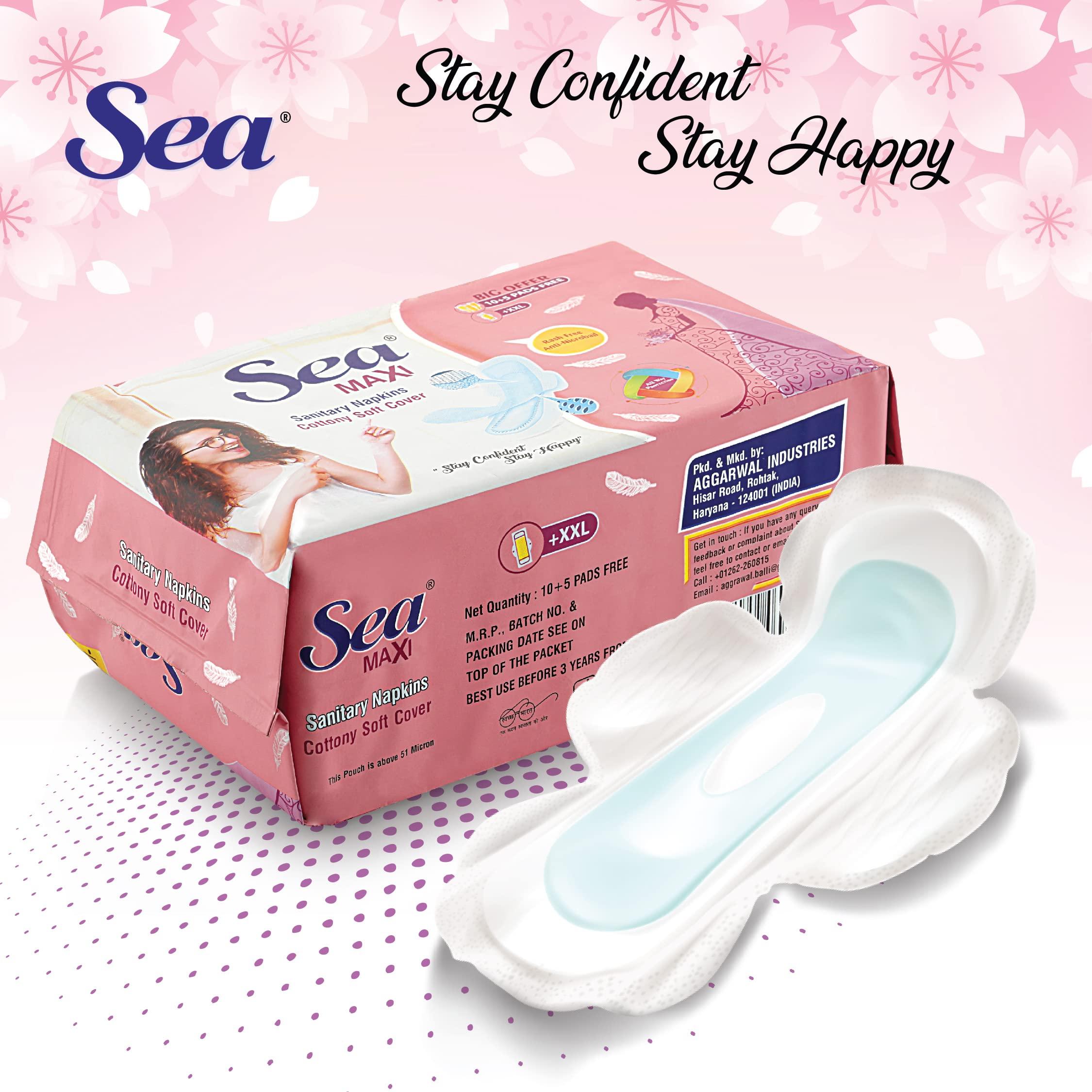 Sea Sea Maxi Cotton Sanitary Pads for Women | Up to 100% Leakage Protection, Locks Odour & Wetness | Ultra Hygiene, Rash Free Cotton Soft | Pack of 15 (15 pcs Maxi XXL)