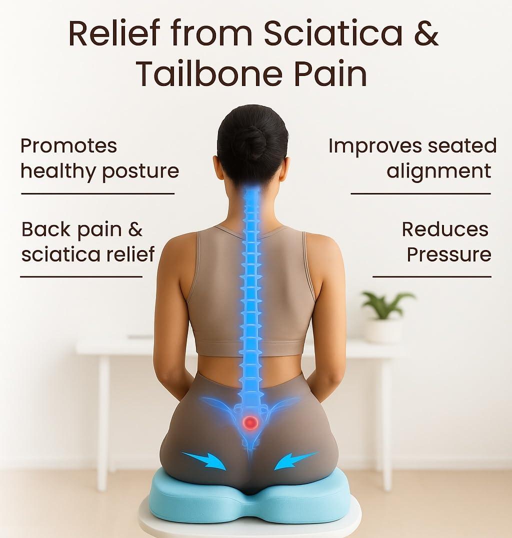 Grin Health Grin Health High Density Coccyx Seat Cushion for Tailbone, Sciatica, Hip Lower Back Pain Relief, Orthopedic Memory Foam Chair Cushions for Long Sitting for Office/Home Chair (Light Blue)