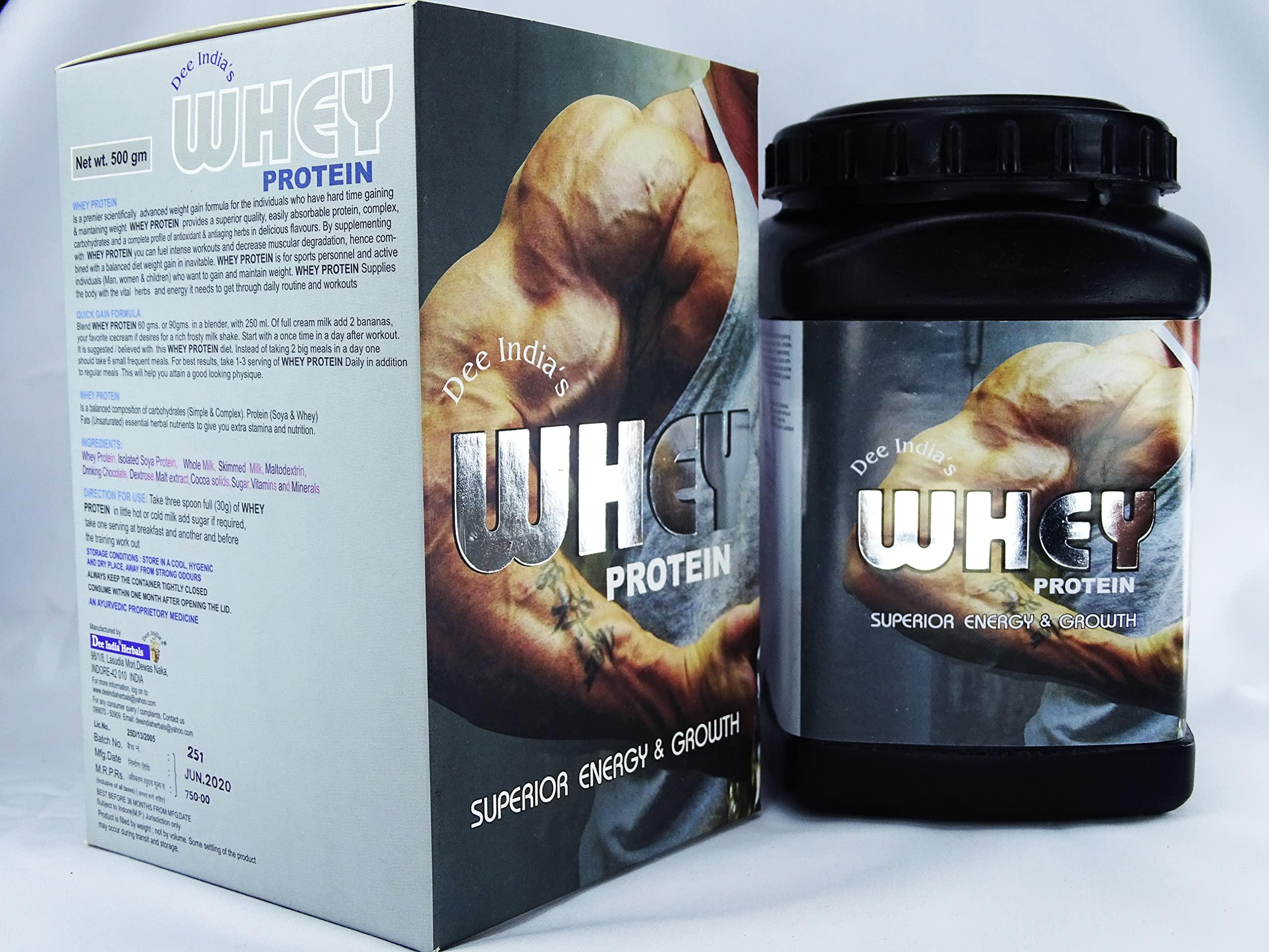 DEE INDIA HERBALS DEE INDIA HERBALS Whey Protein Powder Concentrate Instantized For Mens - Superior Energy & Muscle Growth (Unflavoured) (500gm, Pack of 1)