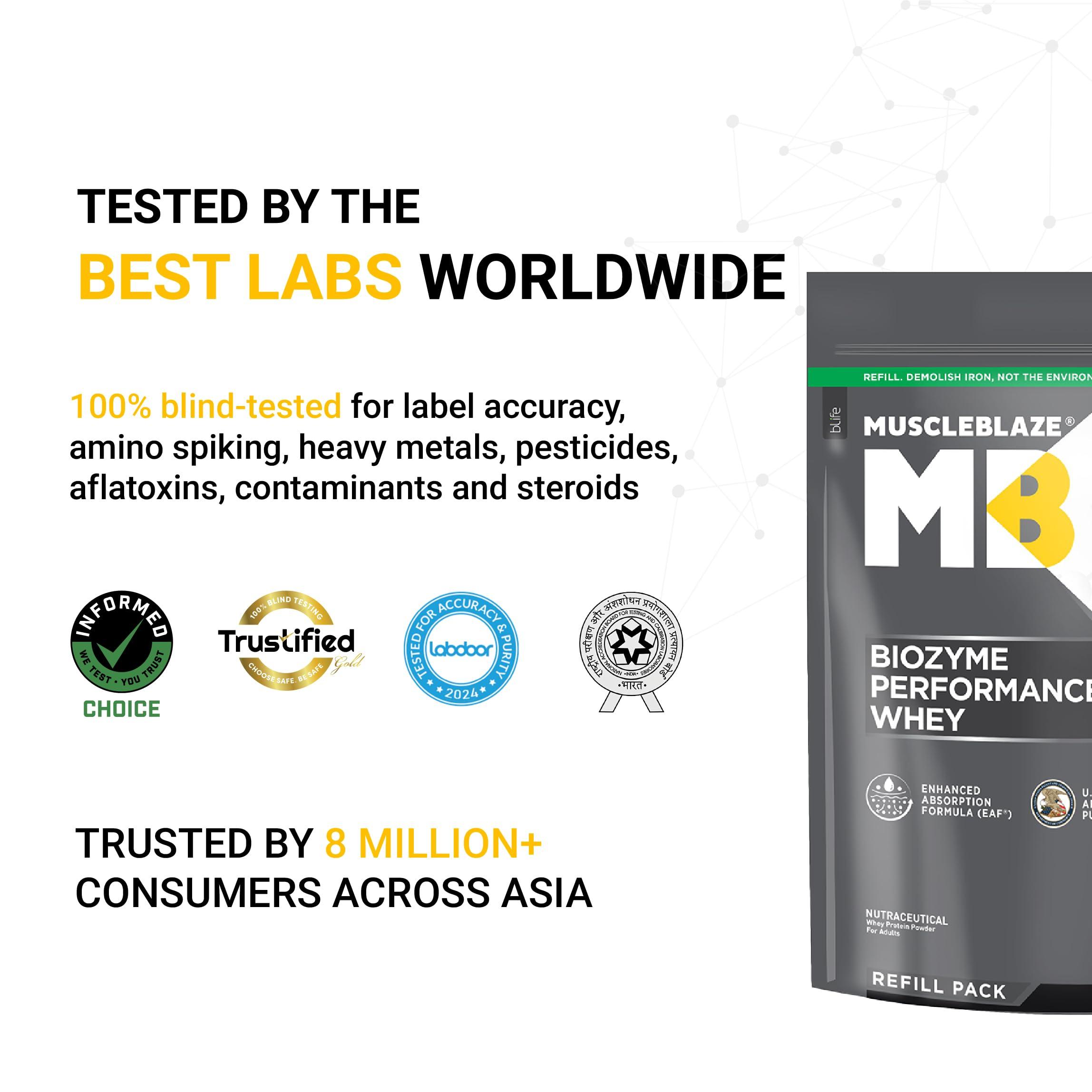 MuscleBlaze MuscleBlaze Biozyme Performance Whey Protein | Clinically Tested 50% Higher Protein Absorption | Informed Choice UK, Labdoor USA Certified & US Patent Filed EAF (Rich Chocolate, 1 kg Refill Pack)