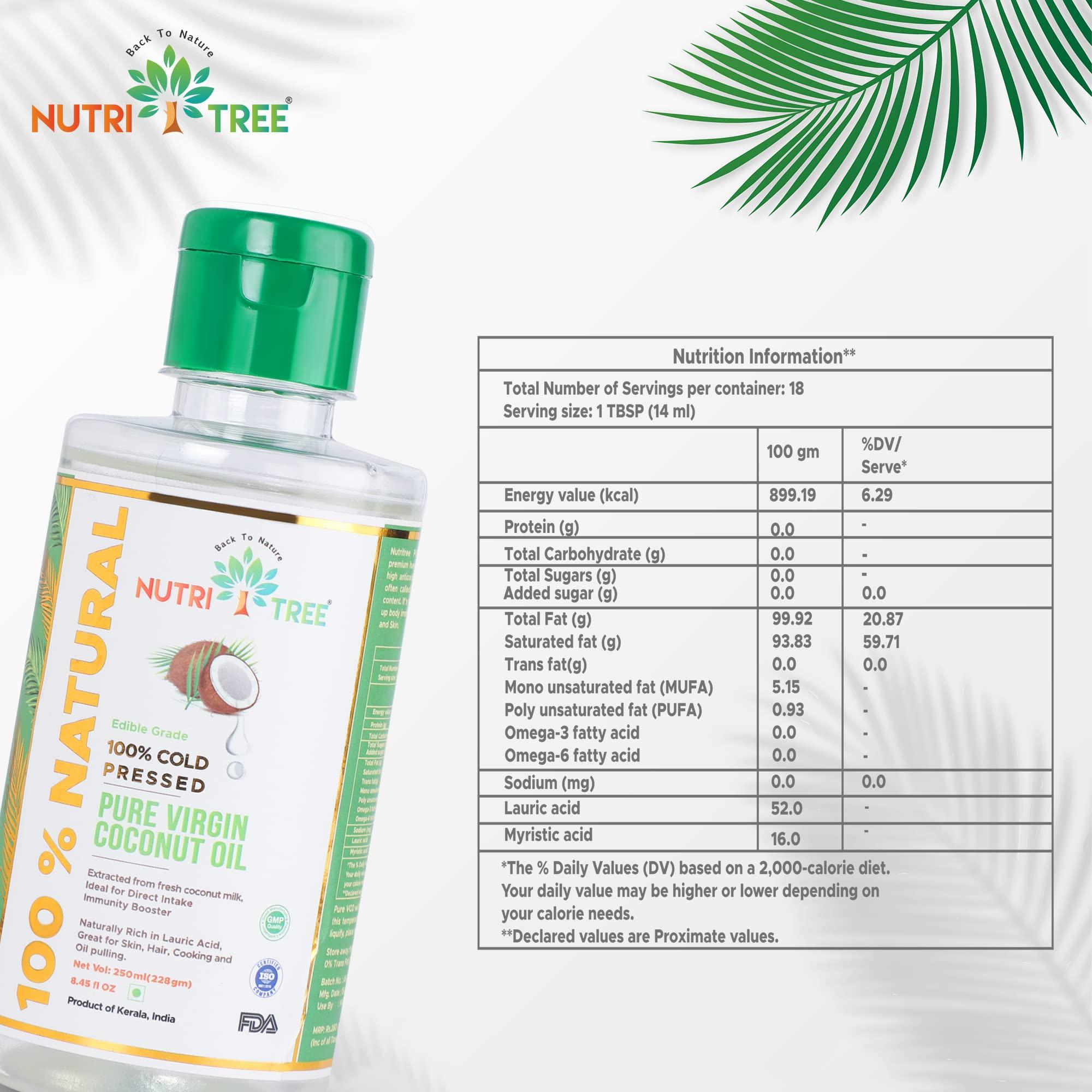 NUTRITREE Nutritree 100 % Cold Pressed Pure Virgin Coconut Oil | 250 ml | Multi Usage | Extracted from Coconut Milk | 100% Naturally Rich in Lauric Acid | Great for Skin, Baby Massage, Hair, Cooking, Oil Pulling | Product of Kerala