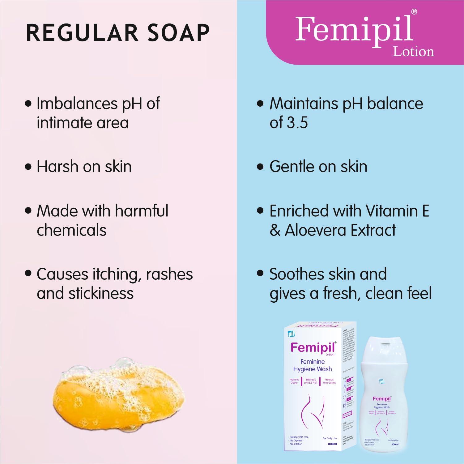 pil Pil Femipil Lotion | Intimate Wash for Women (100ml,Pack of 2) | Enriched with Vitamin E, Aloevera Extracts & Lactic Acid | Prevents Dryness, Itchiness & Irritation