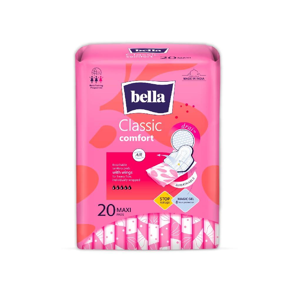 Bella Bella Classic Comfort Maxi Drai Pads/Sanitary Napkins For Women, Maximum Dryness, 28 Cm Long With Wings, For Rash Free Period, Suitable For Heavy Flow, Disposable Wrap, Size Xl, Pack Of 1, 20 Pcs