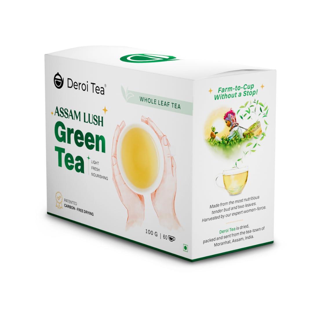 Deroi Tea DEROI TEA Assam Lush Green Tea | CARBON-FREE DRIED TEA | 100% Natural Whole Leaf | Assam Tea | 1Bud & 2 Leaves| Antioxidant Rich | Bitterless | 100 g - 60 Cups | Pack of 5