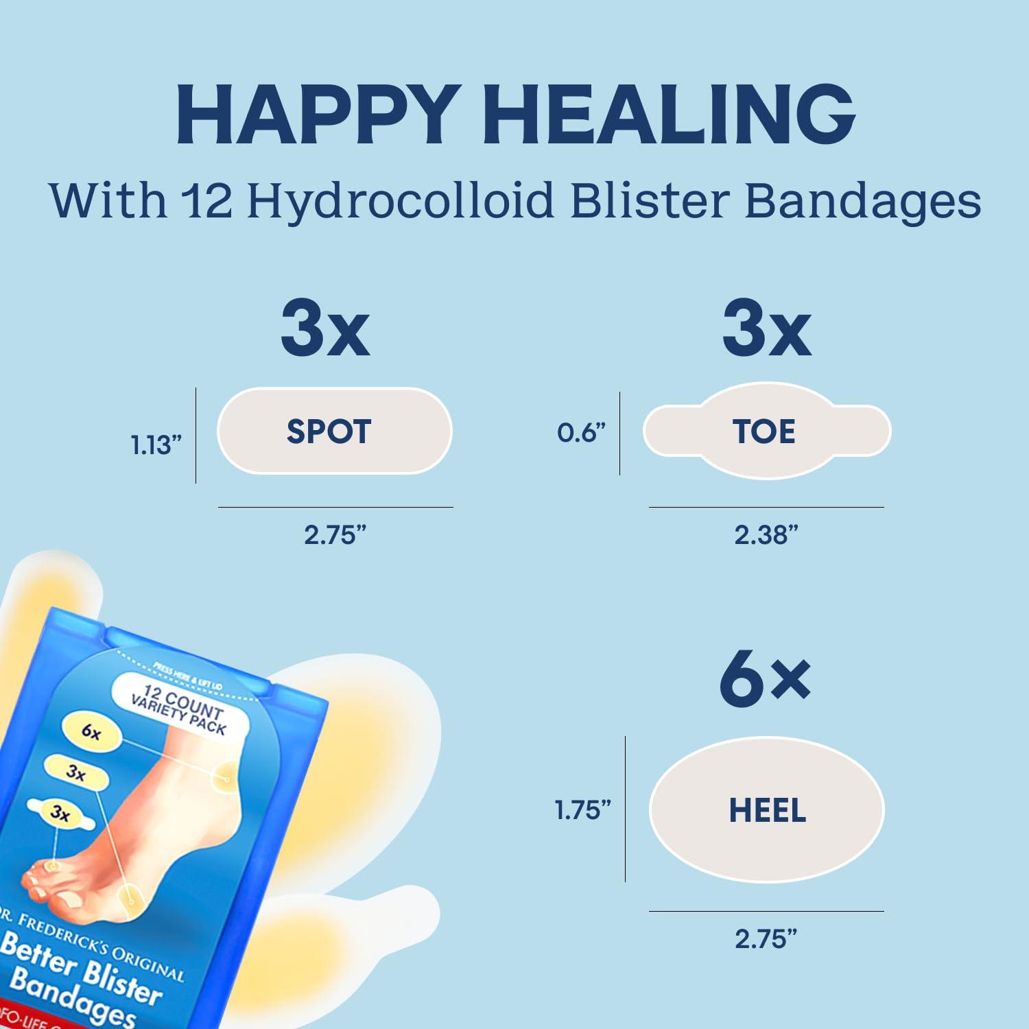 Dr. Frederick\'s Original Dr. Fredericks Original Better Blister Bandages - 12 ct Variety - Waterproof Hydrocolloid Bandages for Foot, Toe, & Heel Blister Prevention & Recovery - Blister Pads