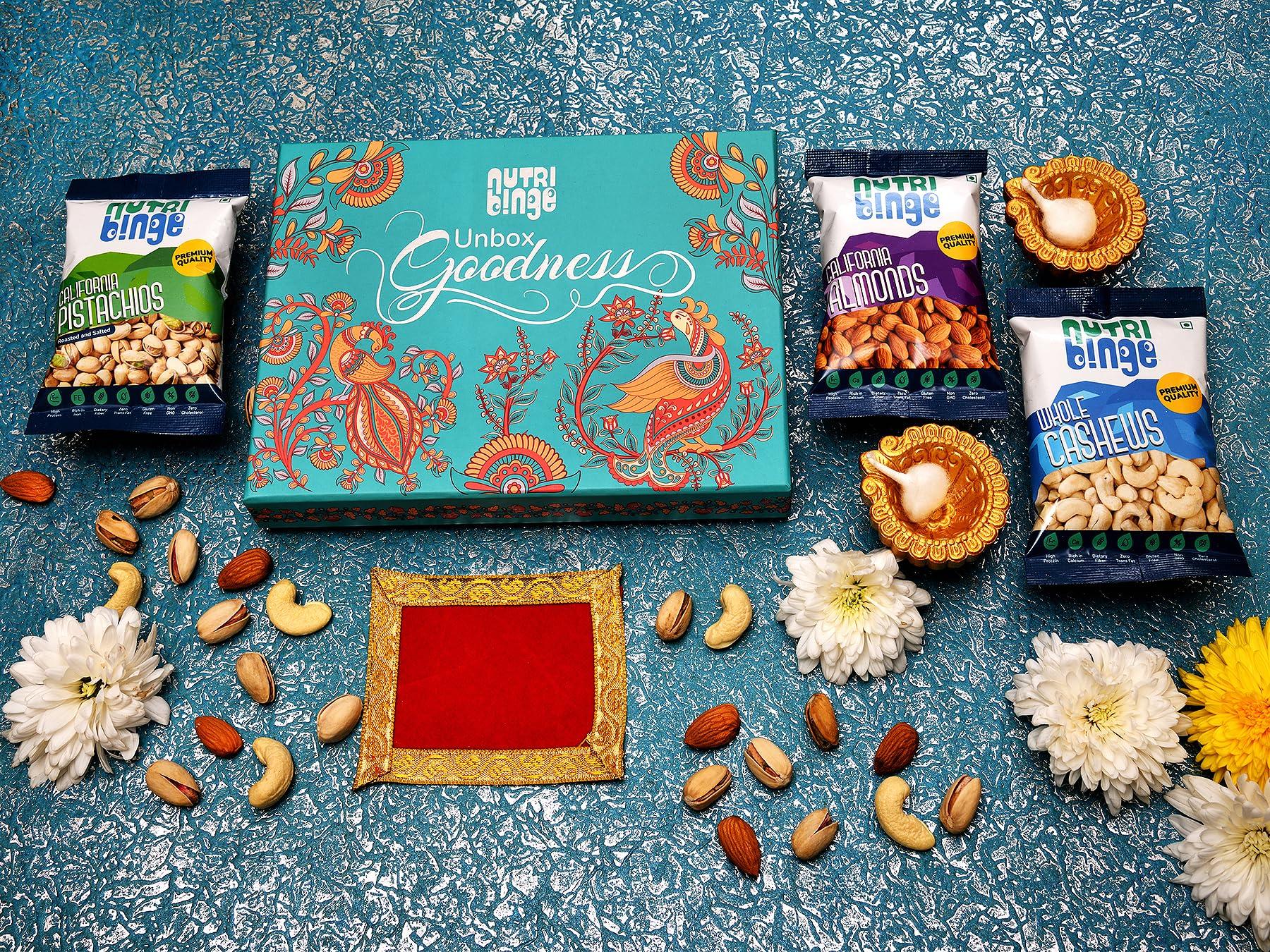 Nutri Binge Nutri Binge Premium Dry Fruit Gift Box (165 g), Perfect festive Gift Pack for family, loved ones & Corporate Gifts | California Almonds, Whole Cashews & Afghani Seedless Black Raisins |