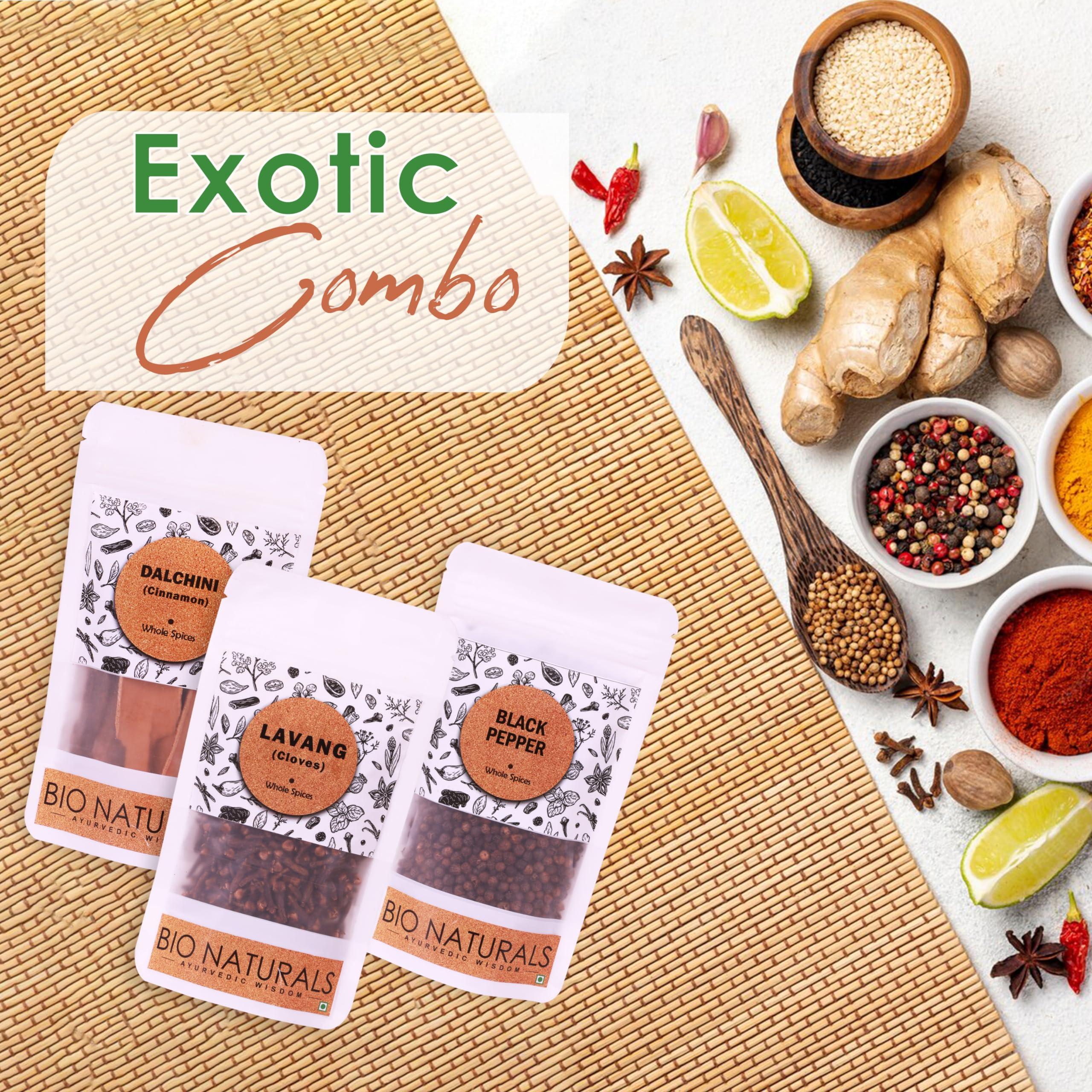 BIONATURALS Bio Naturals Exotic Combo, Cinnamon, Cloves, and Black Pepper, 100% Natural Whole Spices, No Preservatives 100gm each