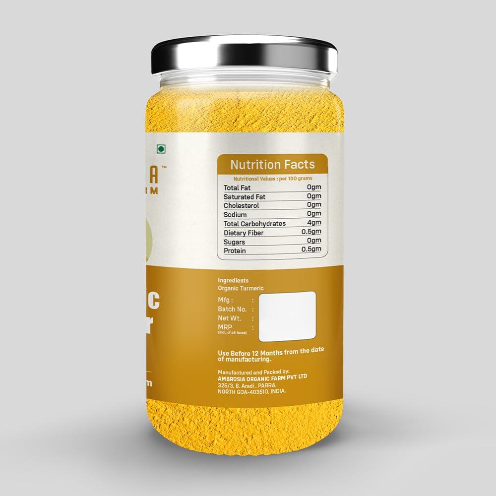 Ambrosia Organic Farm Ambrosia\'s Natural Turmeric Powder: Elevate Your Well-being with Home Grown, Organic, and Free from Added Flavors and Colors| Have Turmeric Eat Good Feel Good. 250 Grams