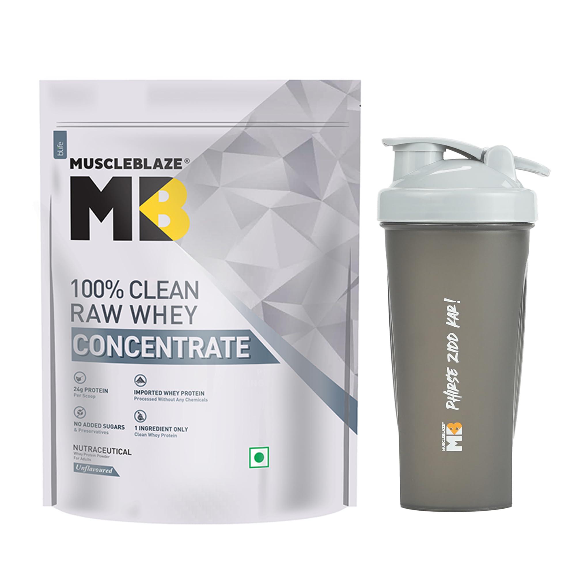 MuscleBlaze MuscleBlaze 100% Clean Raw Whey Protein Concentrate (Unflavoured, 500g) | Easy to Digest with Shaker, 650ml (Combo Pack)