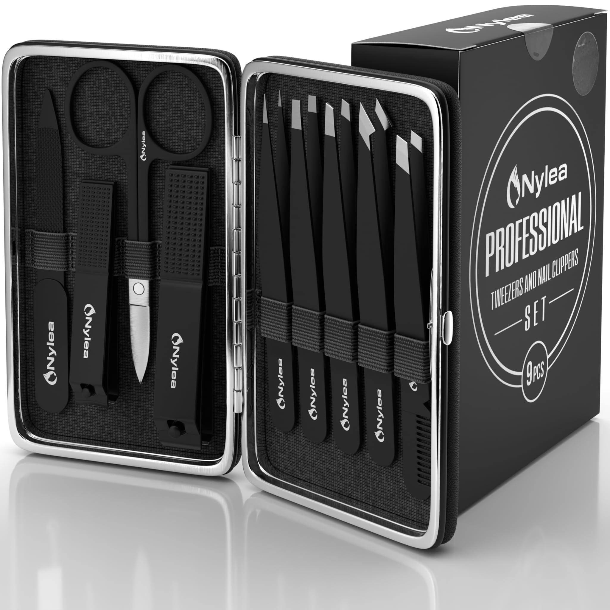 Nylea Nylea 9pcs Precision Tweezers & Nail Clippers Set [Stainless Steel] Pedicure Scissors, Toenails Cuticle Cutter Clipper Fingernails Grooming Kit for Men & Women Eyebrows Facial Hair [Free Leather Case]