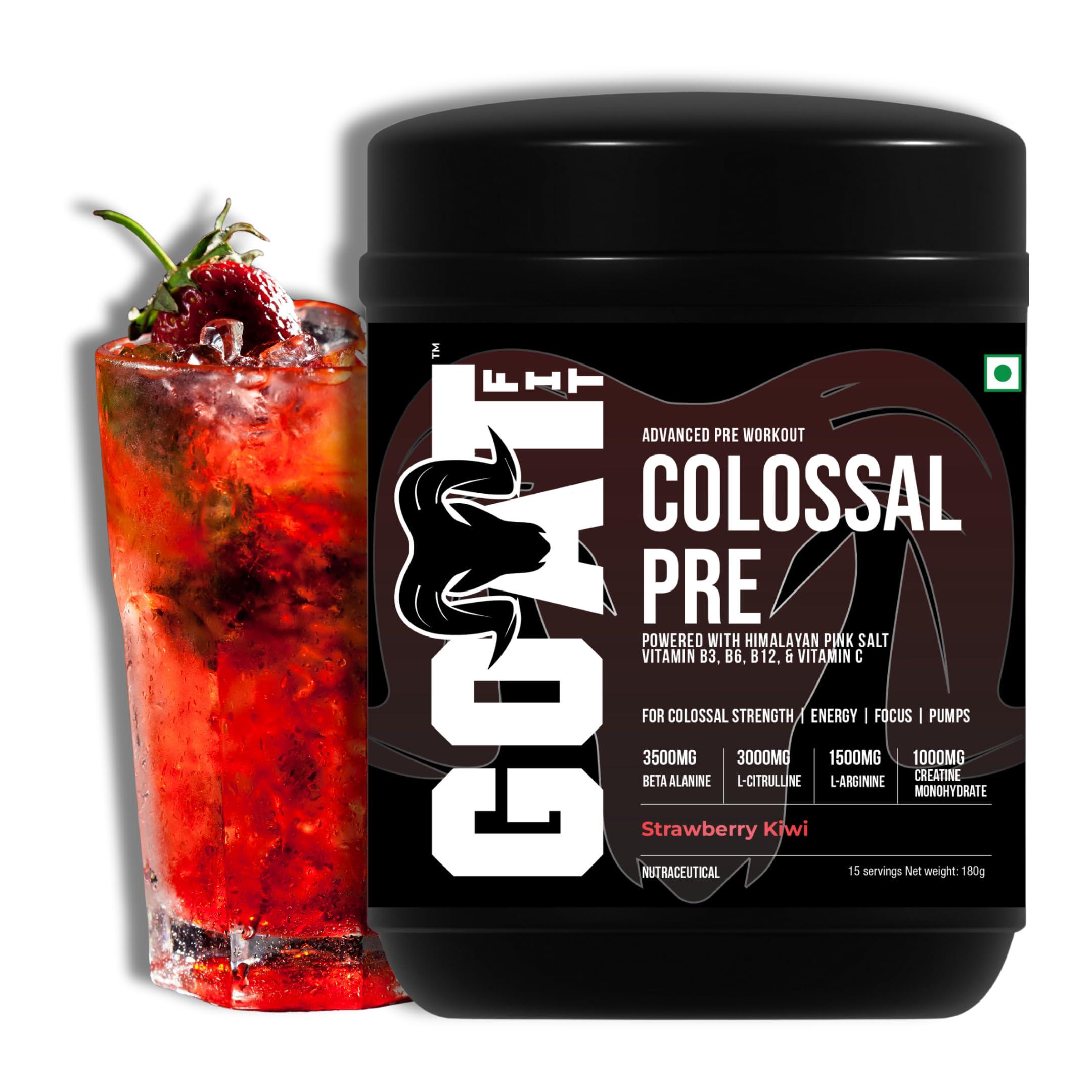 G.O.A.T Fit G.O.A.T Fit Colossal Pre | PreWorkout Powder (Strawberry Kiwi 180gm 15 Servings) 200mg Caffeine 3.5g Beta-Alanine 3g Citrulline 1.5g Arginine 1g Creatine with Himalayan Pink Salt