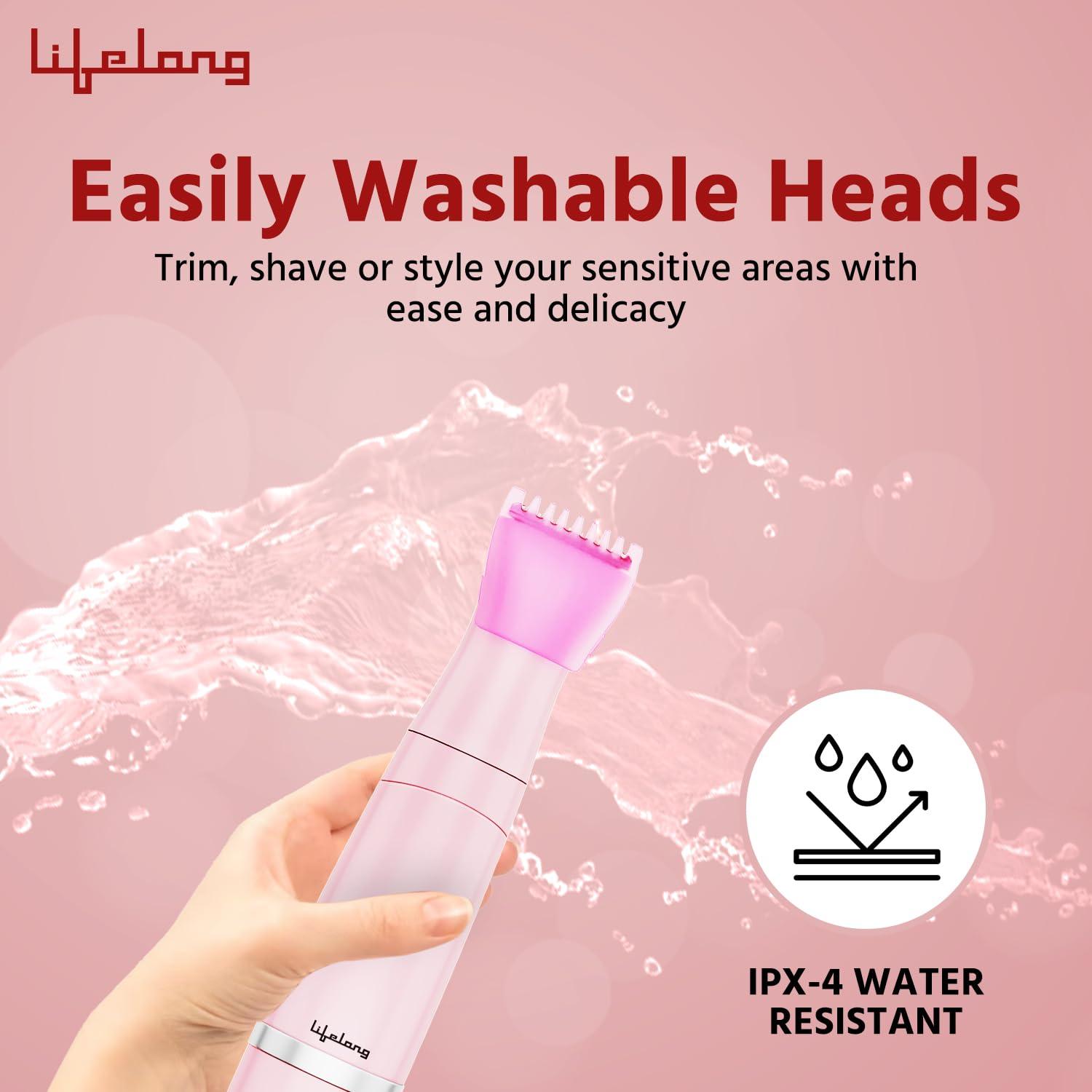 Lifelong Lifelong Rechargeable Body Hair Trimmer for Women | 1 Year Warranty | 4 in 1 Women Full Body Trimmer for Bikini, Face, Full Body, Nose, Ear, Eyebrow, Underarms Trimmer | 60 Minutes Runtime | Hair Removal Machine for Women (Pink)