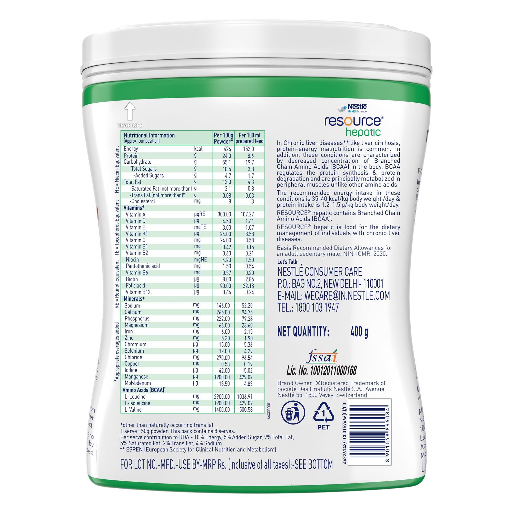 Nestle RESOURCE Hepatic, For Dietary Management, Rich In Protein, Vanilla Flavour, 400g, Pet Jar